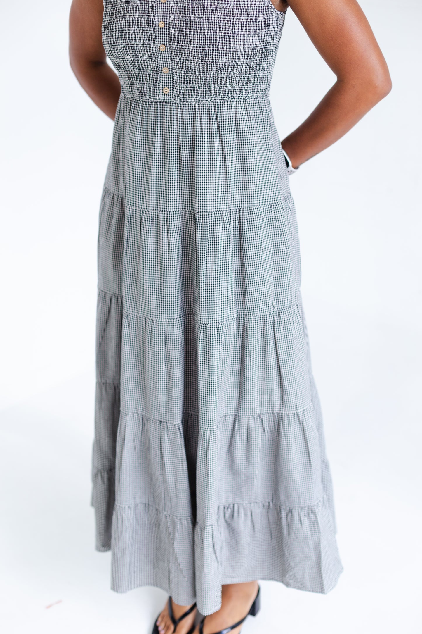 Black & White Gingham Plaid Tiered Midi Dress