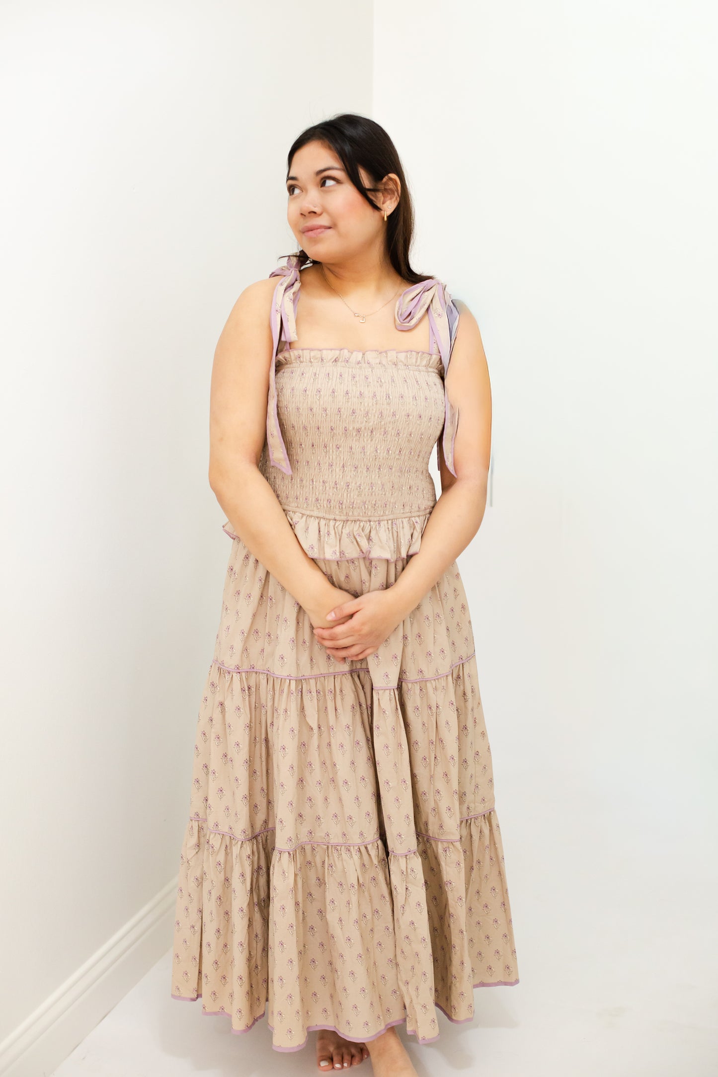 Taupe Floral Smocked Bodice Tiered Midi Dress