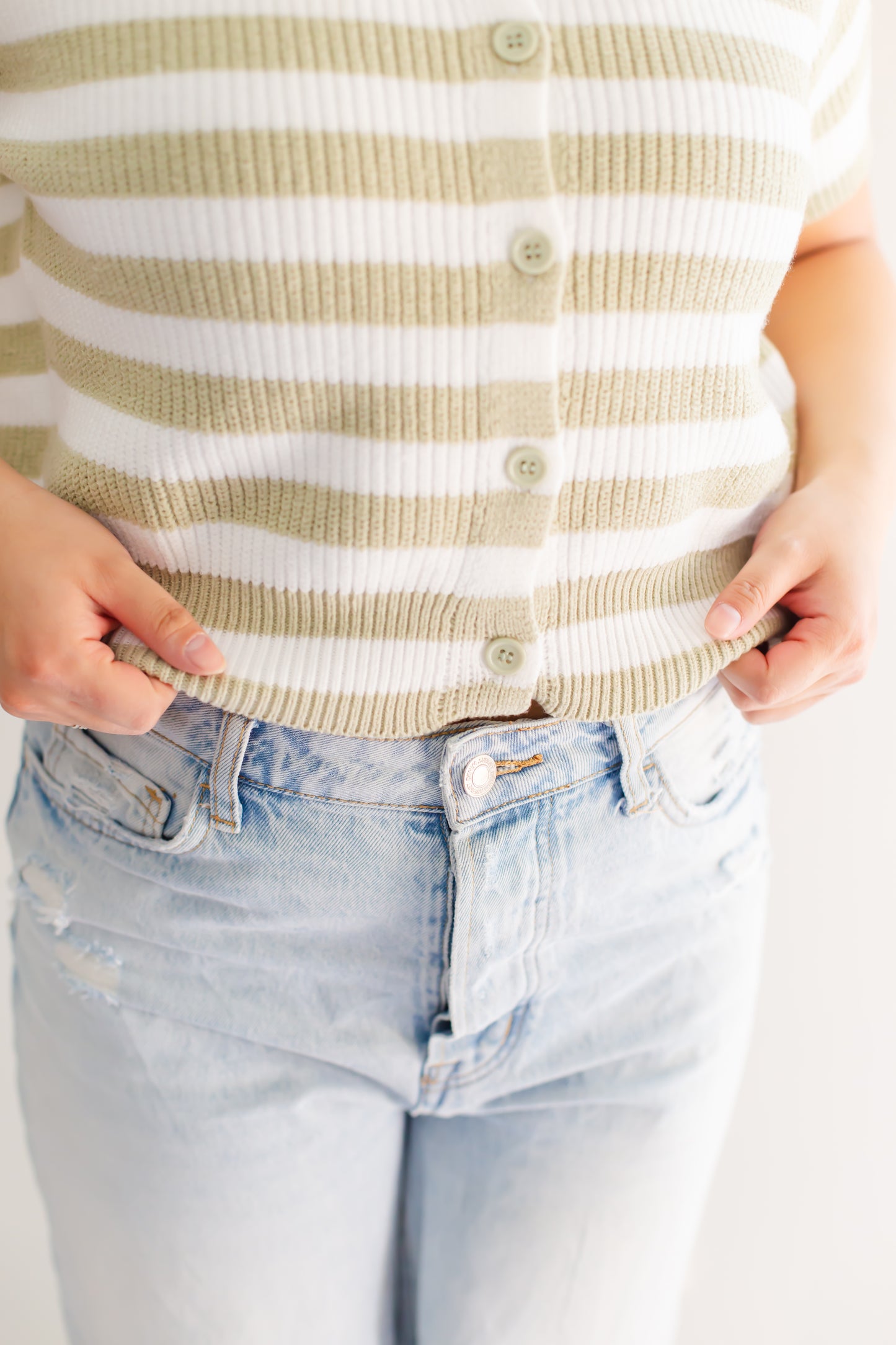 Raglan Short Sleeve Crew Neck  Sage & White Stripped Boxy Sweater