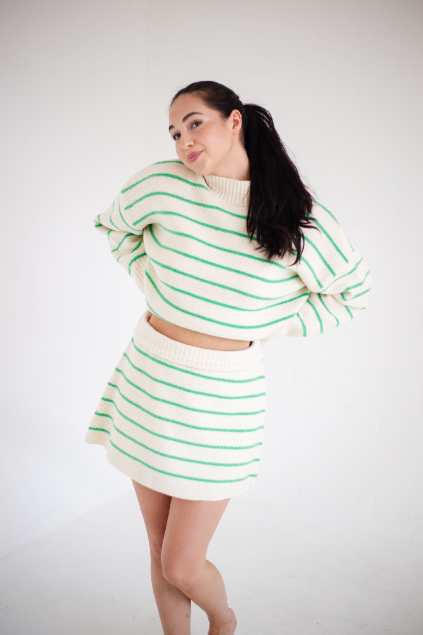 Cream & Green Striped Sweater Skirt