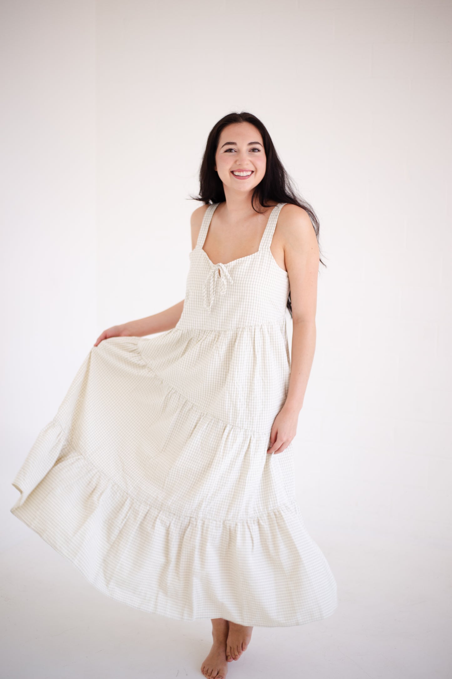 Taupe & Cream Plaid Asymmetrical Tiered Midi Dress
