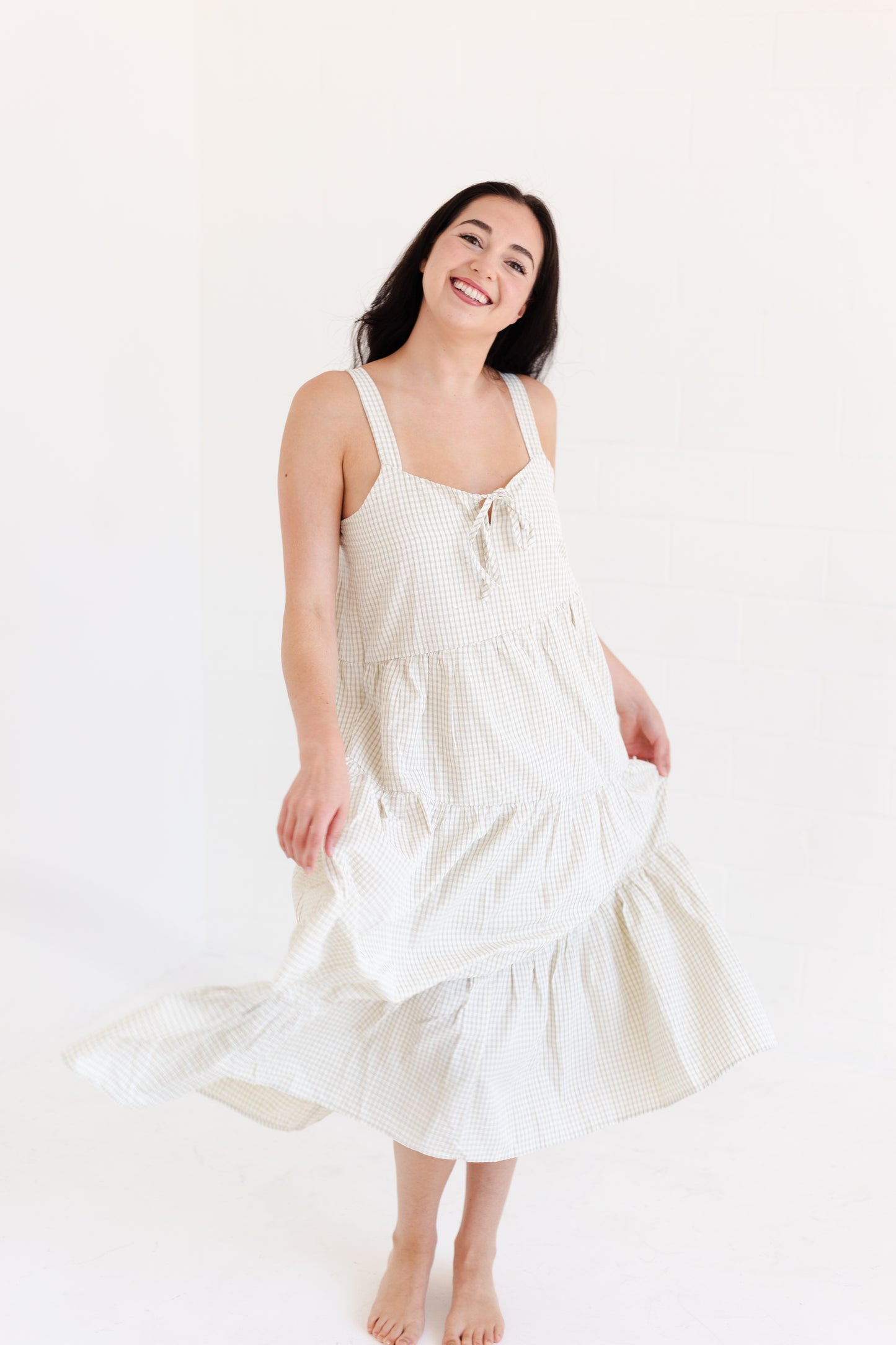 Taupe & Cream Plaid Asymmetrical Tiered Midi Dress