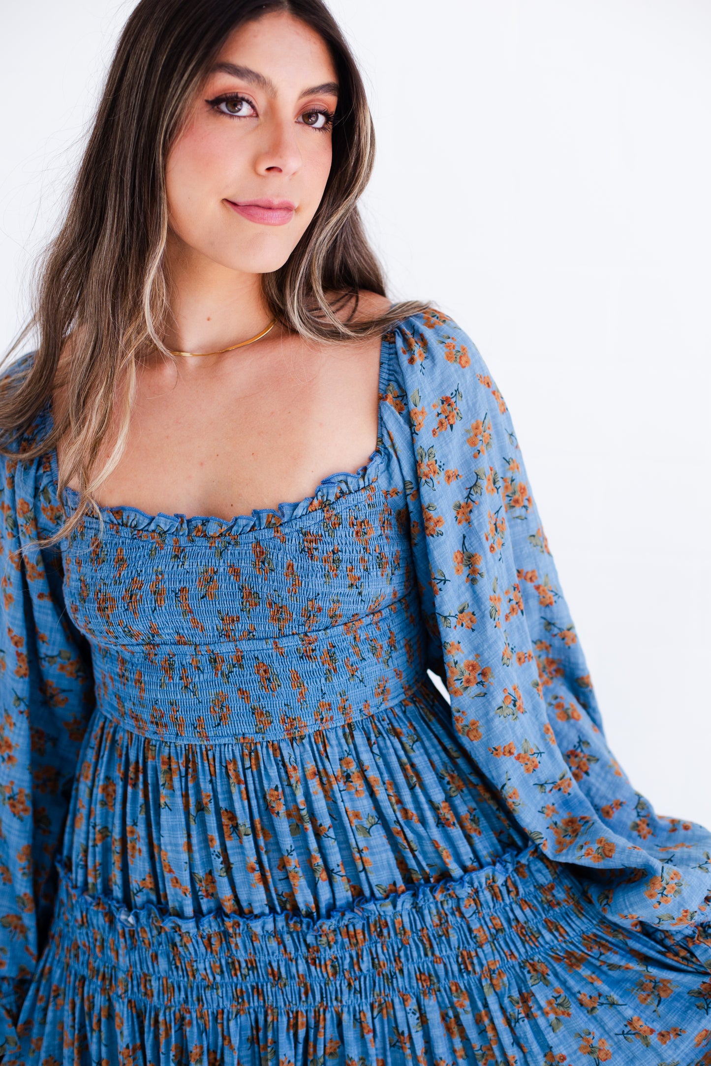 Denim Blue Floral Long Sleeve Maxi