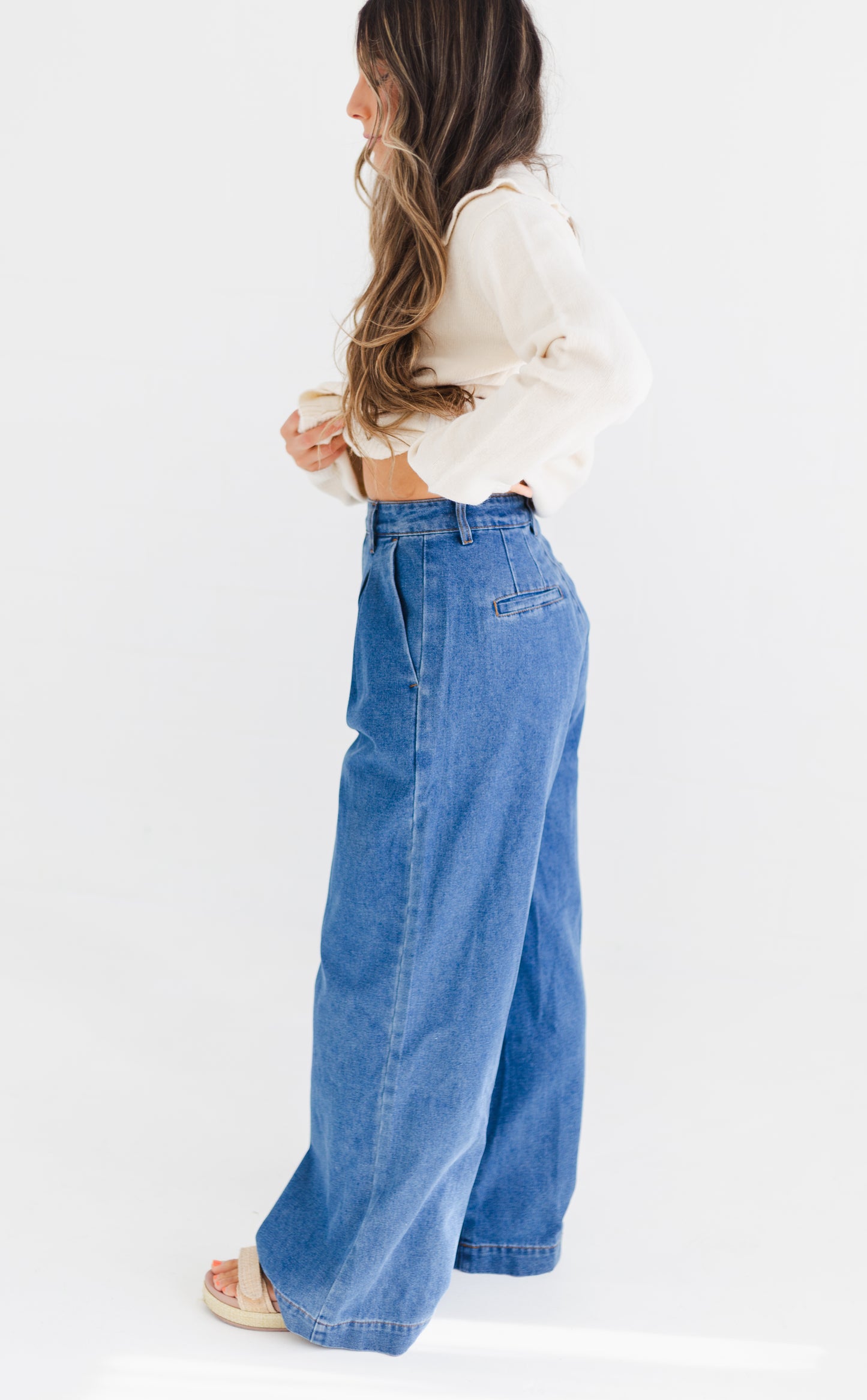 Medium Denim Pleated Wide Leg Denim Trousers