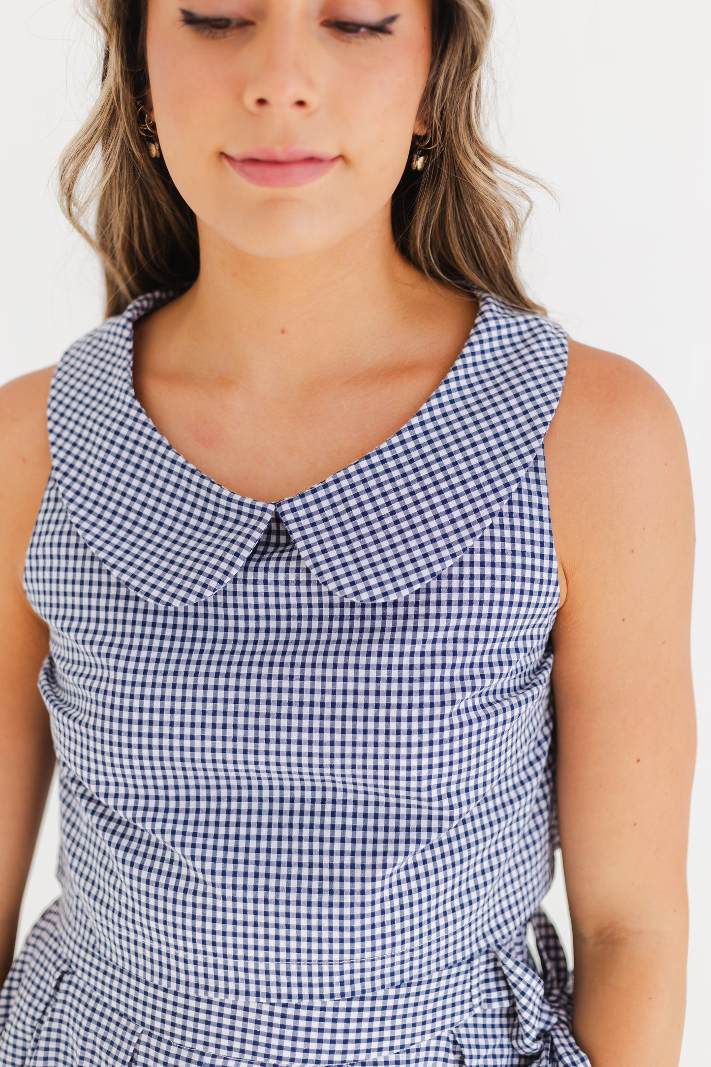 Navy Sleeveless Collar Top & Skirt Set