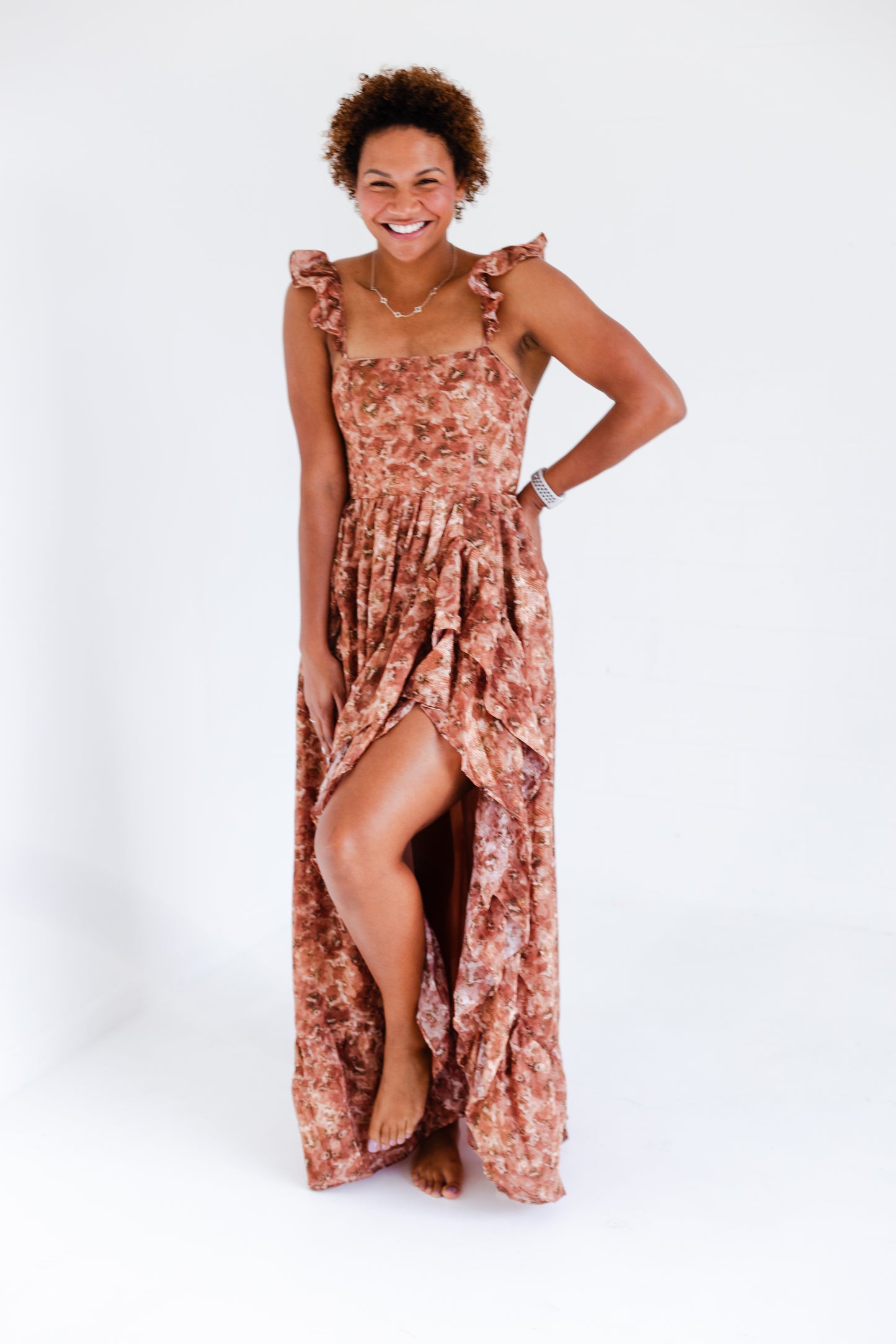 Brown Romantic Floral Print Maxi Dress