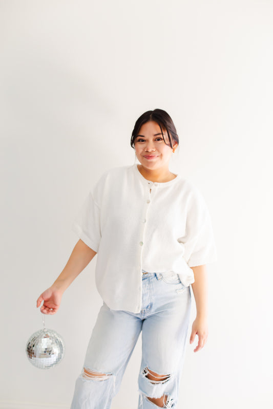 White Short Sleeve Crew Neck Sweater Cardigan