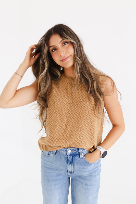 Caramel Textured Self Back Ties Sweater Vest
