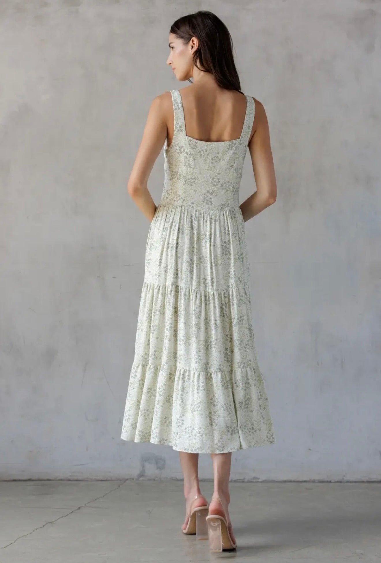 Ivory Green Floral Midi Dress