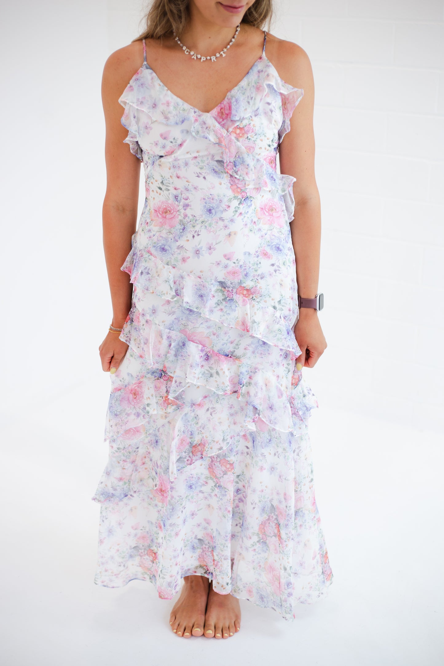 White Floral Ruffled Maxi Dress