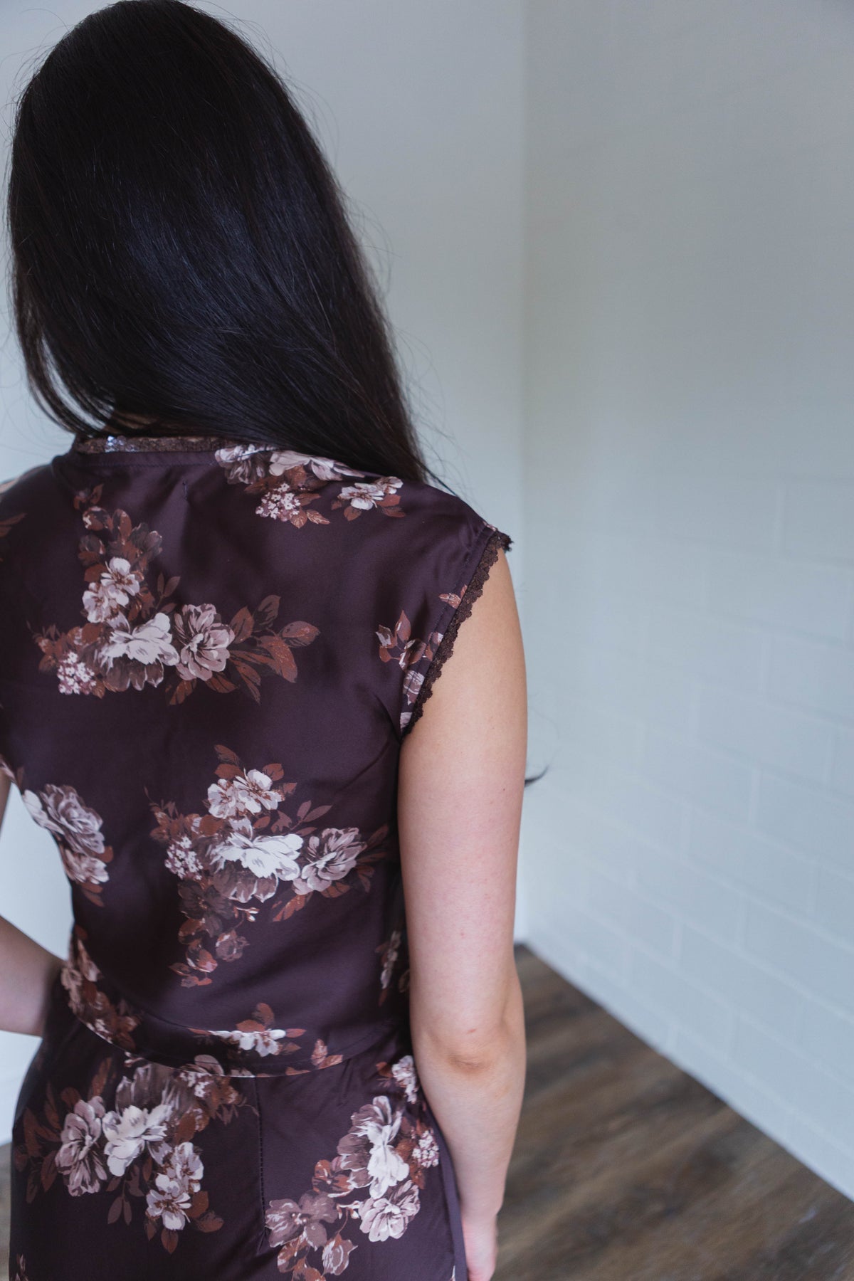 Brown & Cream Floral Satin V Neck Top