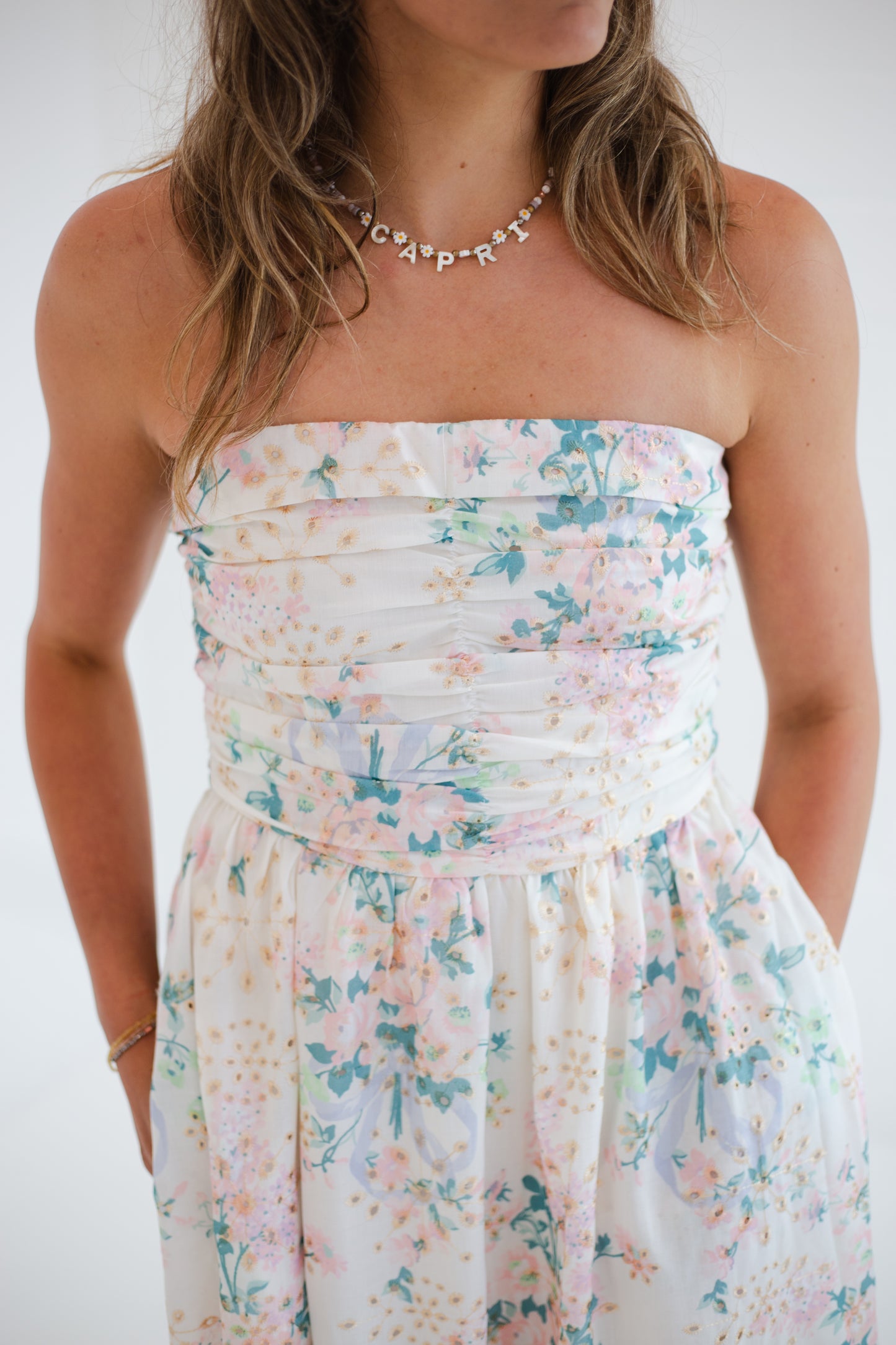 Spring Bloom Floral Lace Runched Maxi Tube Dress