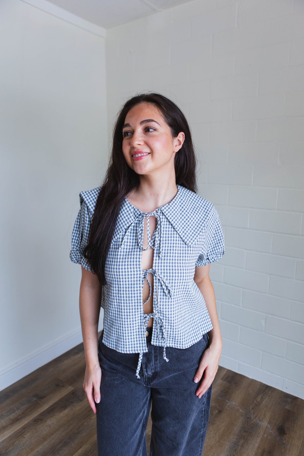 Blue Gingham Patterned Bow Tie Top