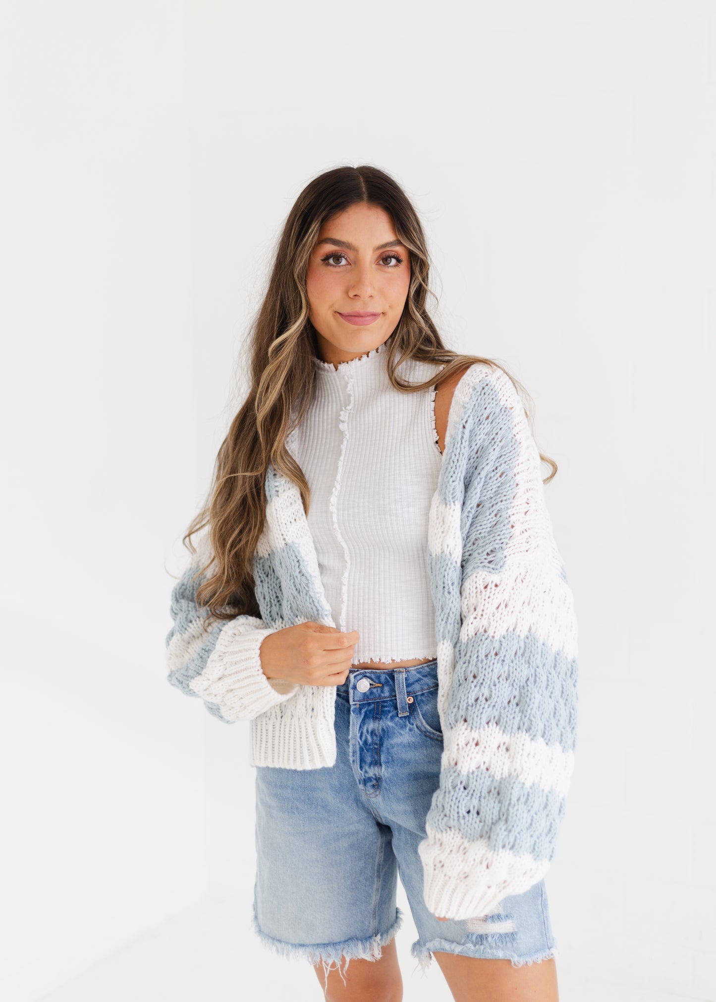 Off White & Sage Textured Striped Sweater Cardigan