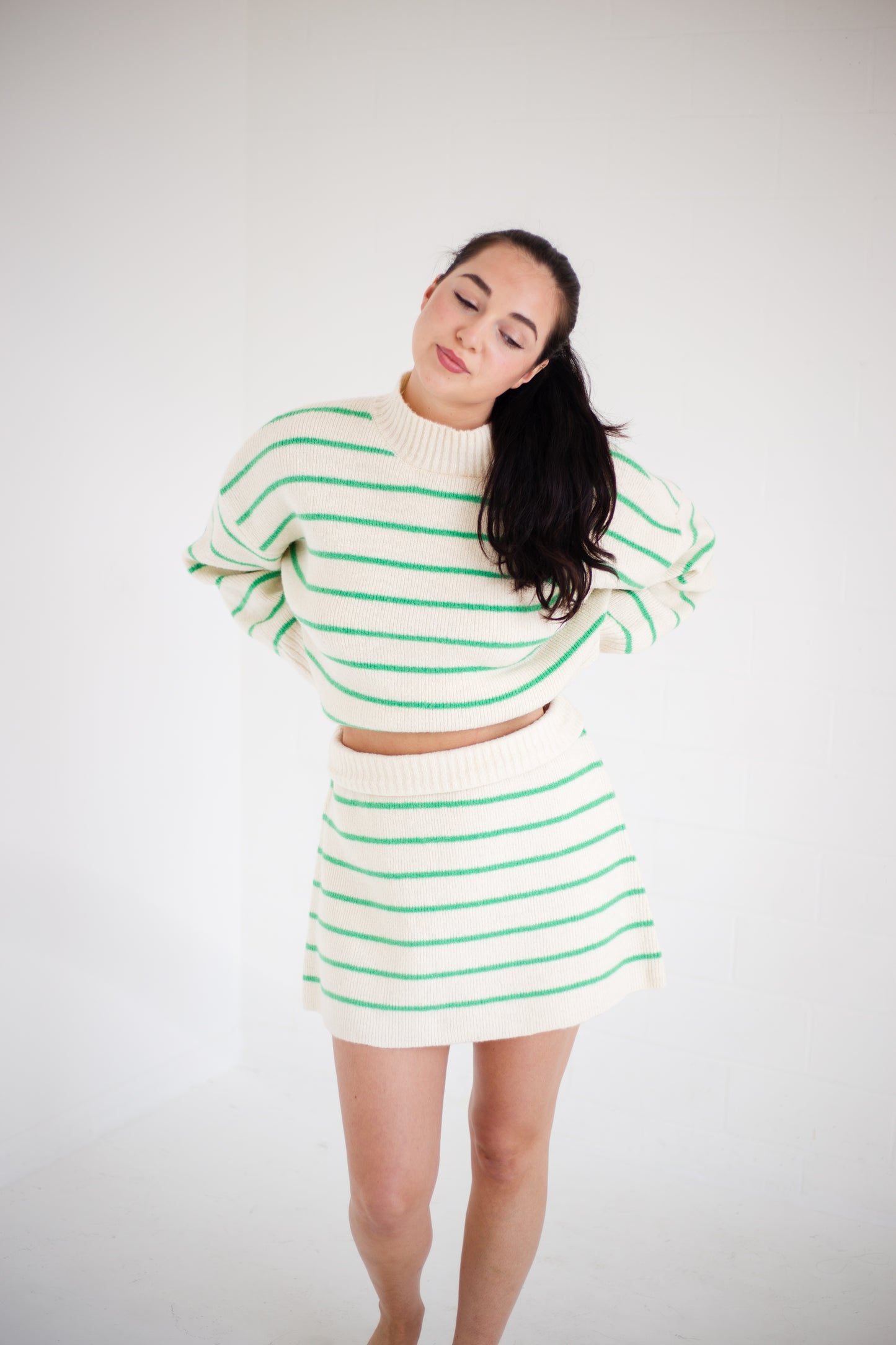 Cream & Green Striped Sweater Skirt