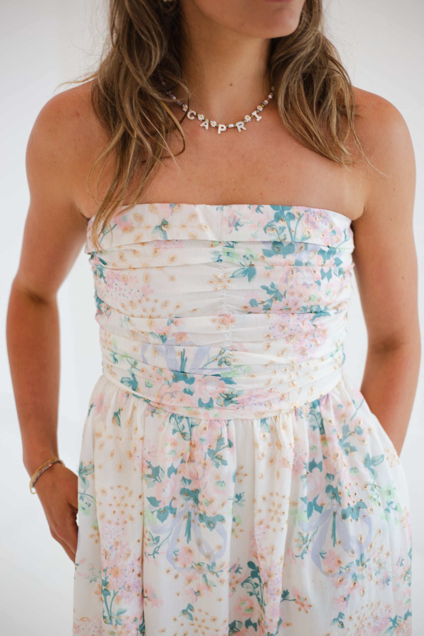 Spring Bloom Floral Lace Runched Maxi Tube Dress