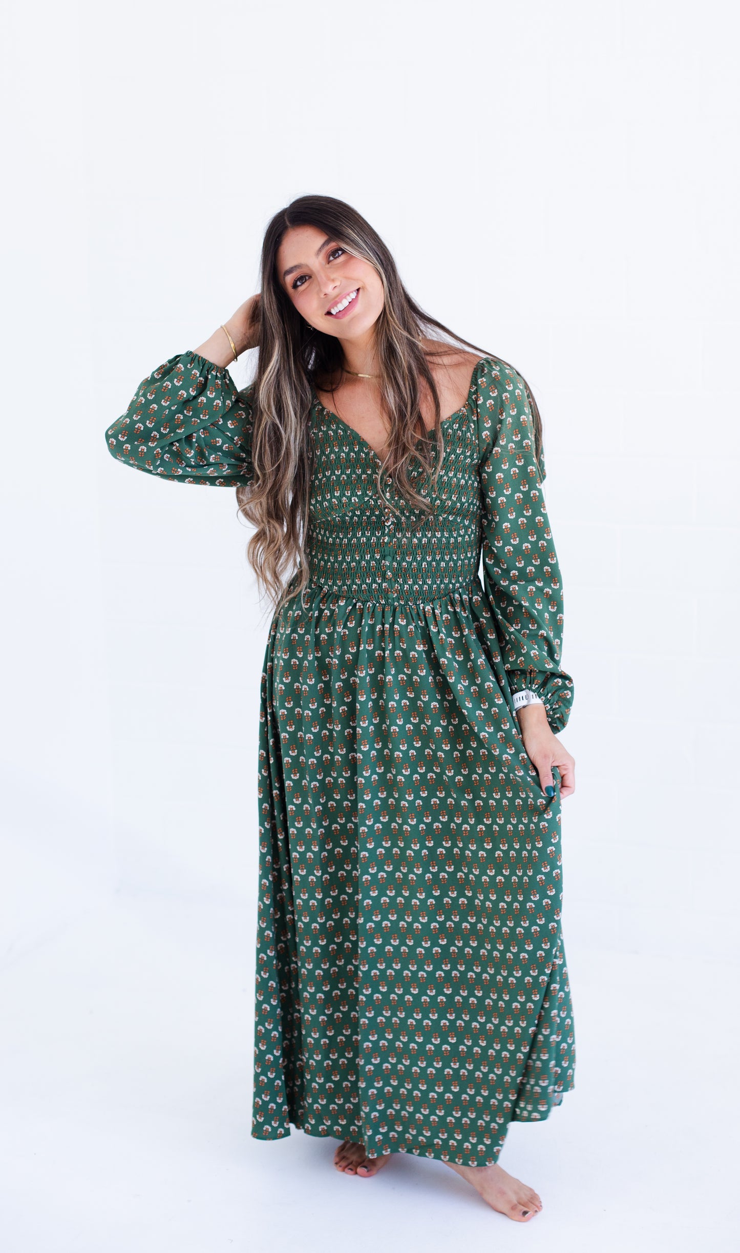 Olive Long Sleeve Floral Maxi