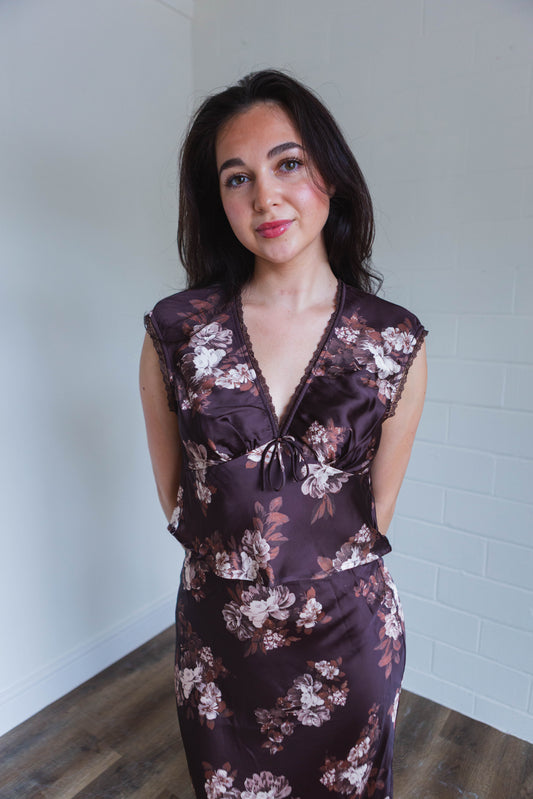 Brown & Cream Floral Satin V Neck Top