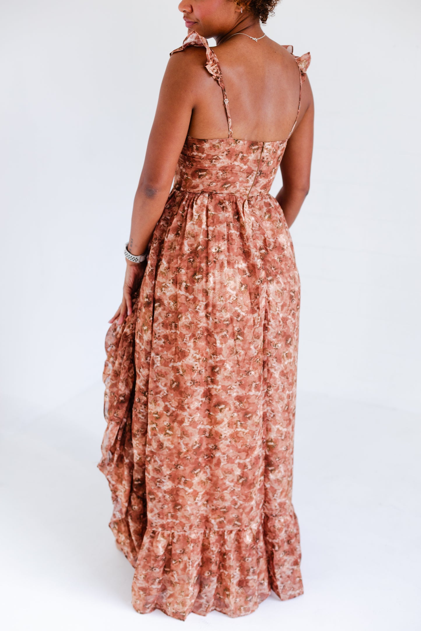 Brown Romantic Floral Print Maxi Dress
