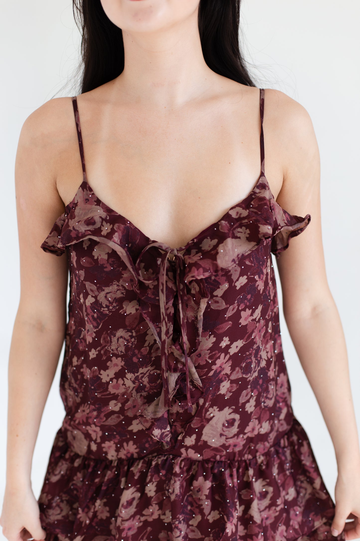Wine Floral Print Ruffle Tiered Maxi