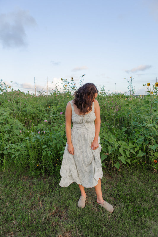 Ivory Green Floral Midi Dress
