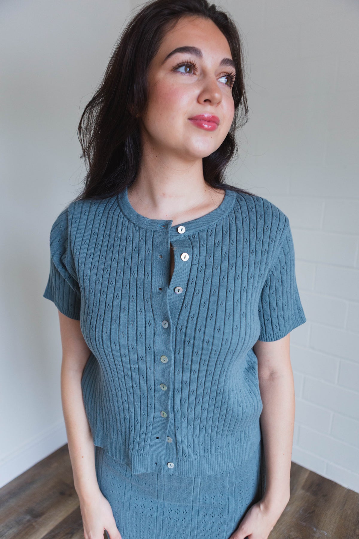 Teal Ribbed Button Top Midi Skirt Set
