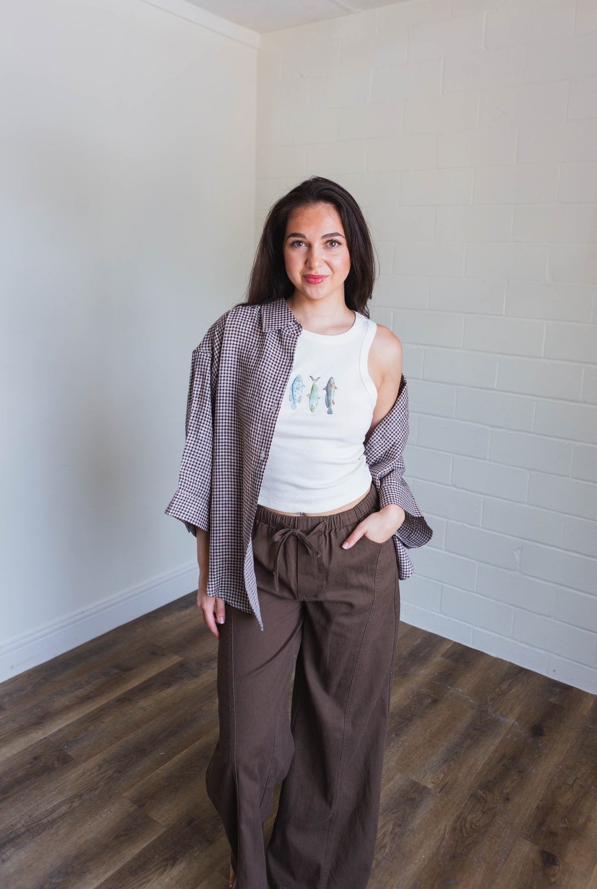 Brown Gingham Button Up Top