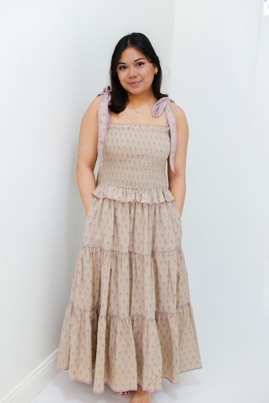 Taupe Floral Smocked Bodice Tiered Midi Dress