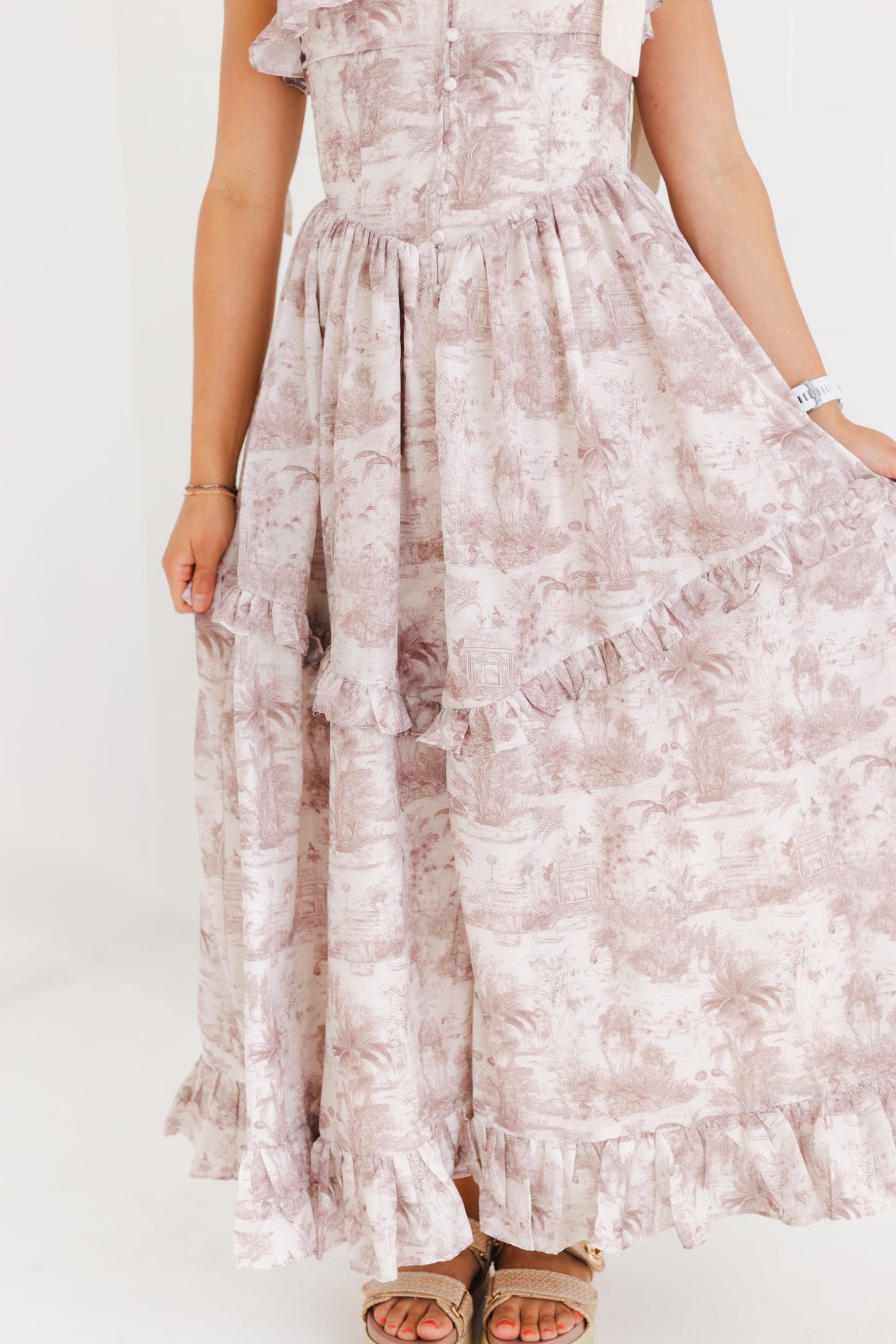 Brown Printed Linen Contrast Shoulder Strap Midi Dress