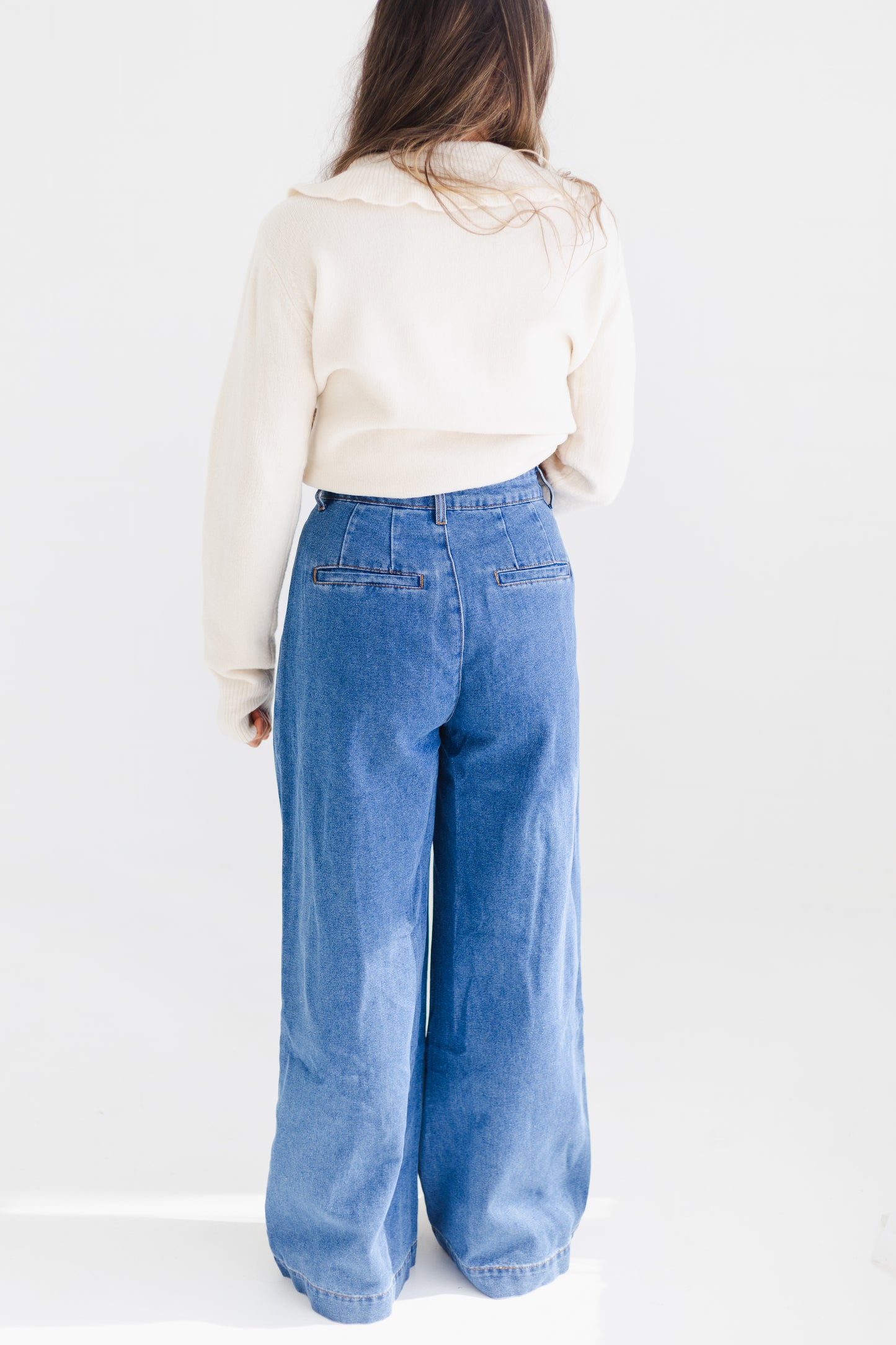 Medium Denim Pleated Wide Leg Denim Trousers