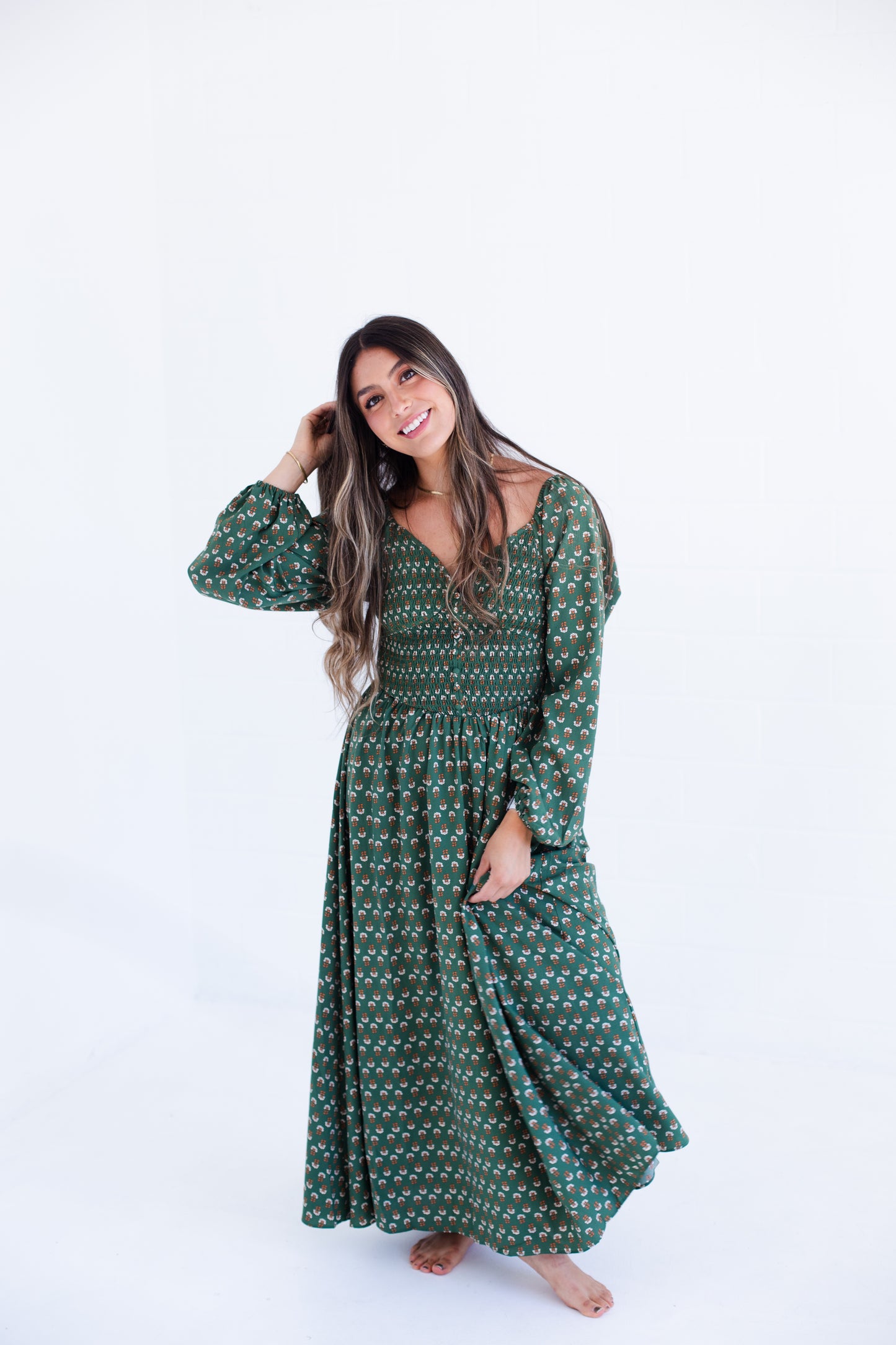 Olive Long Sleeve Floral Maxi