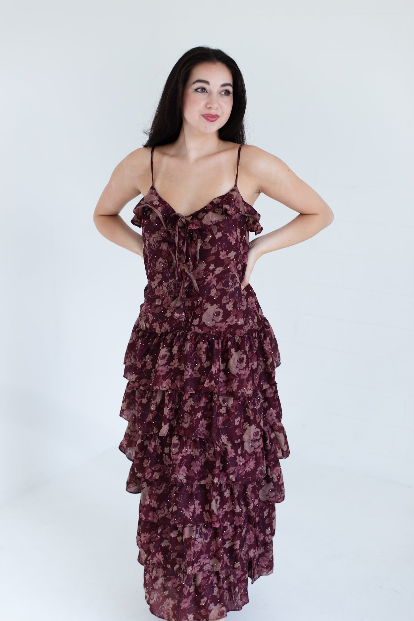 Wine Floral Print Ruffle Tiered Maxi