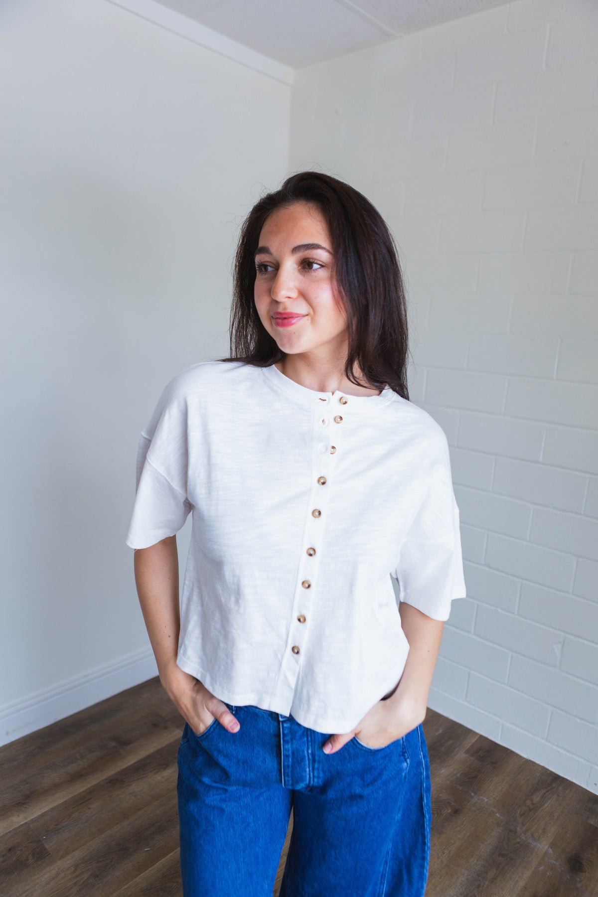 White Button Down Round Neck Half Sleeve Top