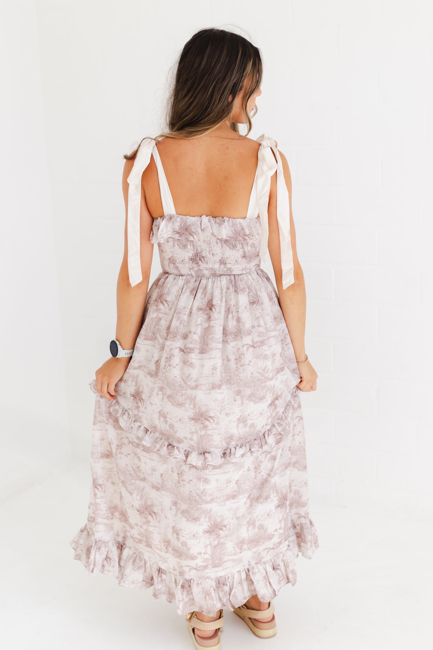 Brown Printed Linen Contrast Shoulder Strap Midi Dress