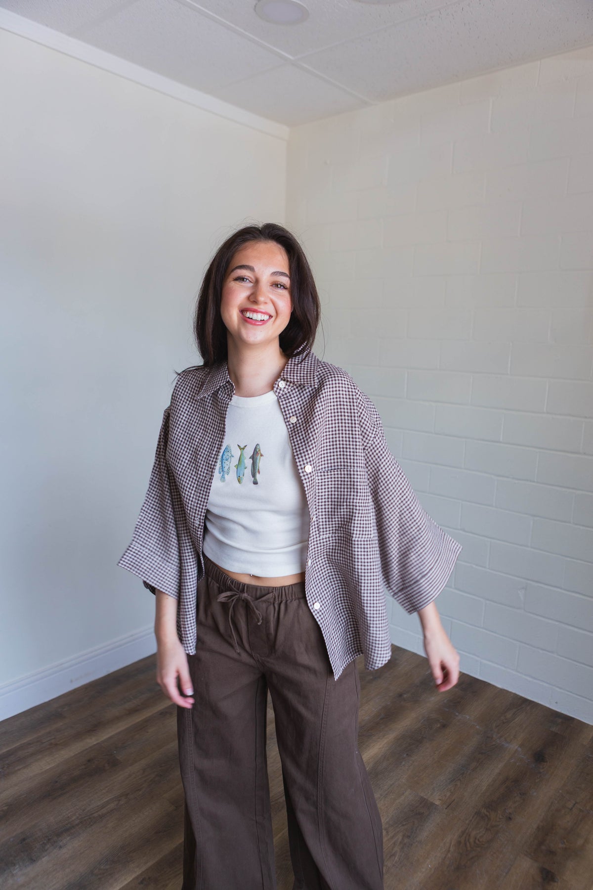 Brown Gingham Button Up Top