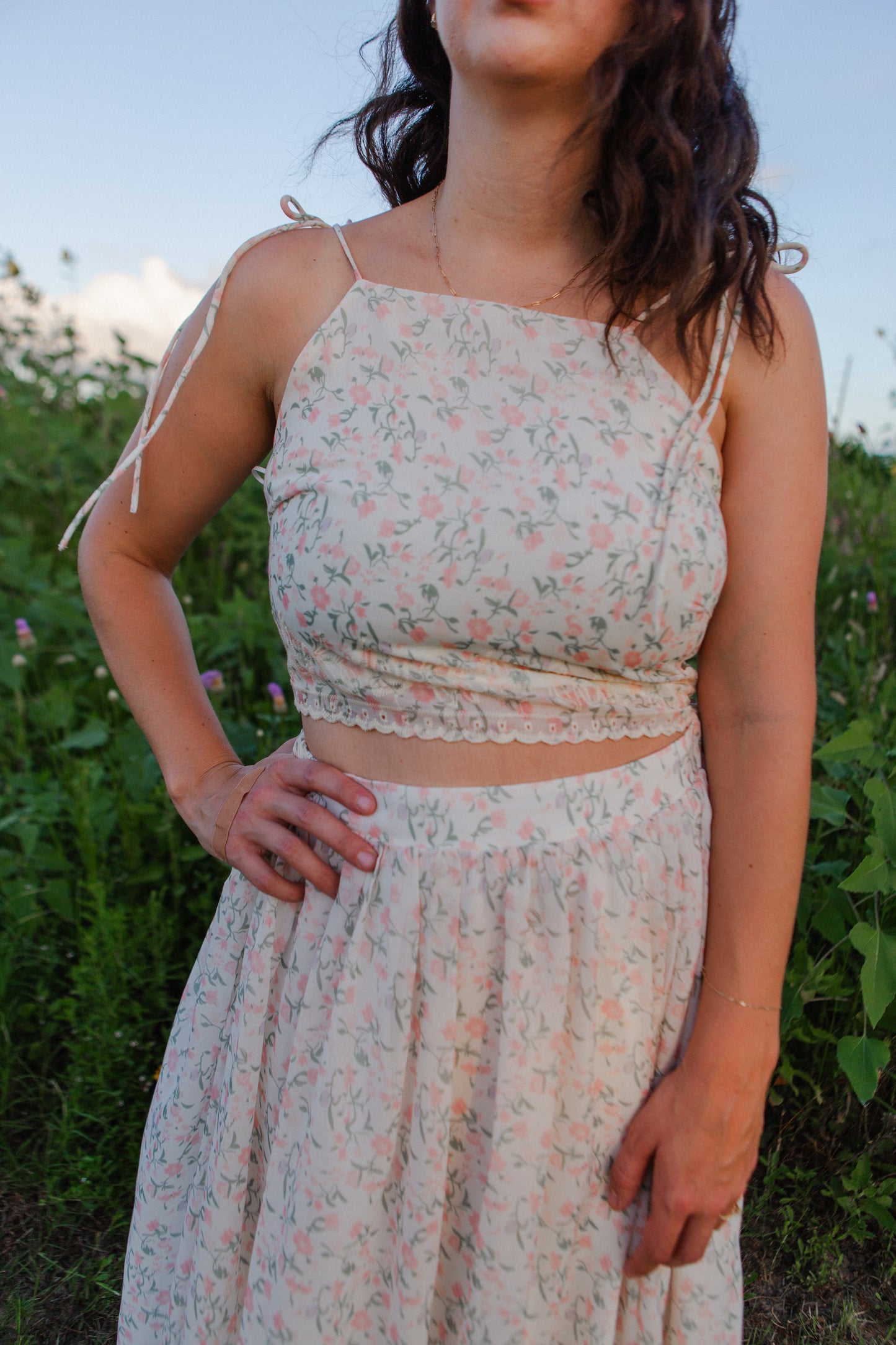 Peach Multi Floral Midi Skirt Set