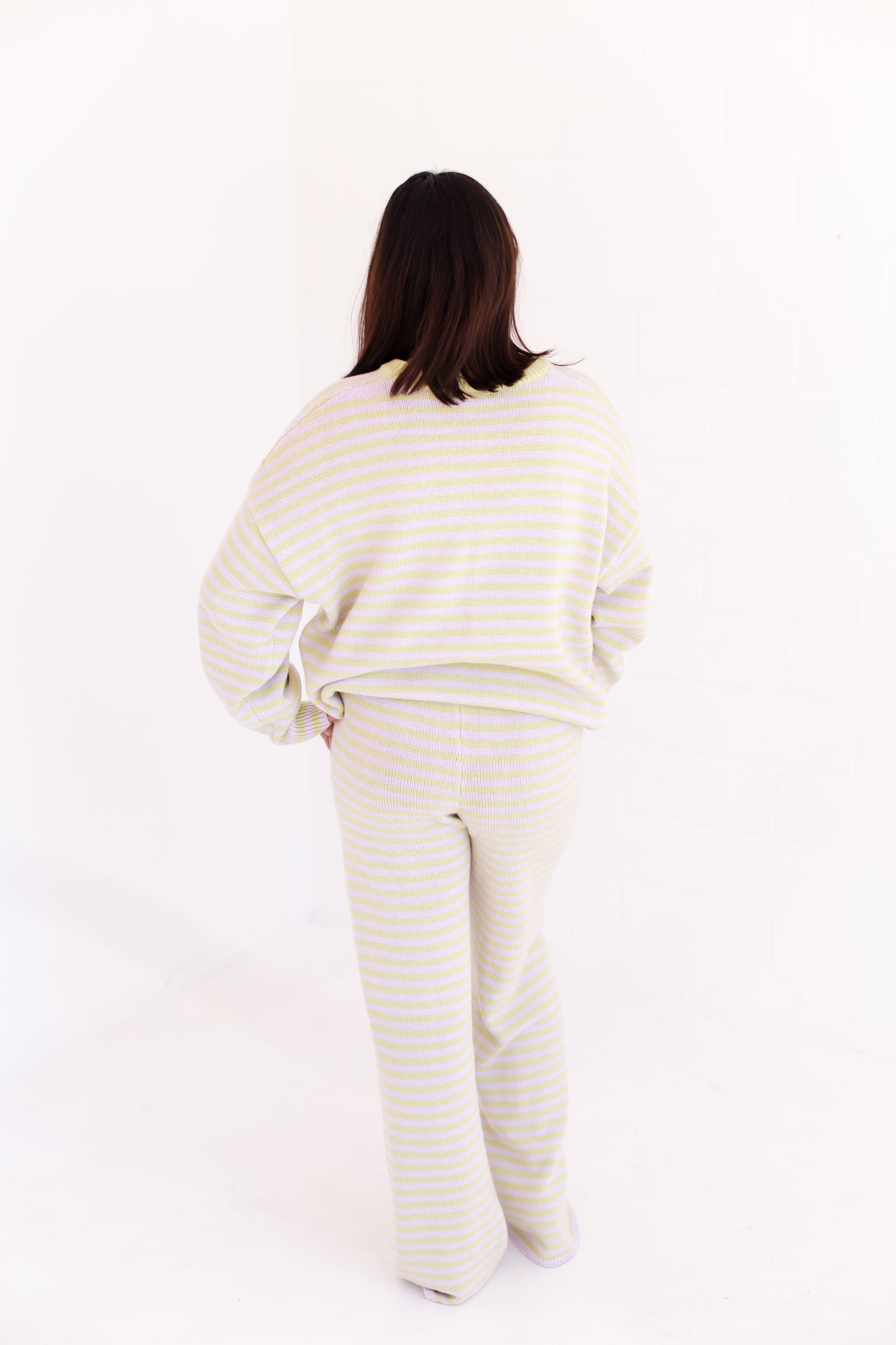 Long Sleeve Crew Neck Stripe Sweater With Wide Leg Pants