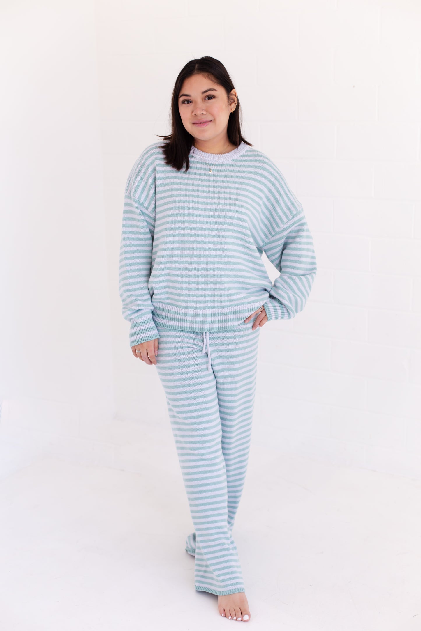 Long Sleeve Crew Neck Stripe Sweater With Wide Leg Pants