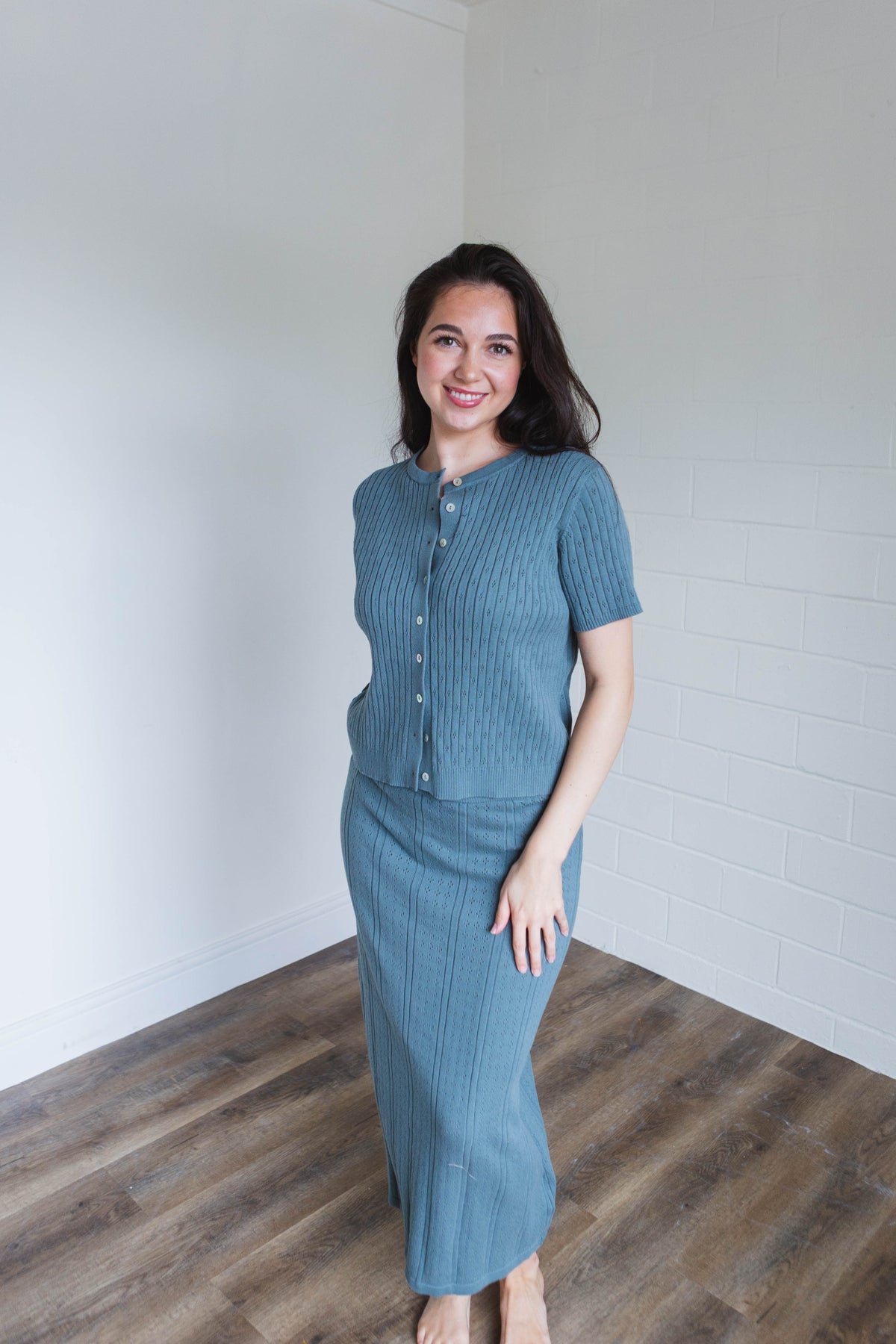 Teal Ribbed Button Top Midi Skirt Set