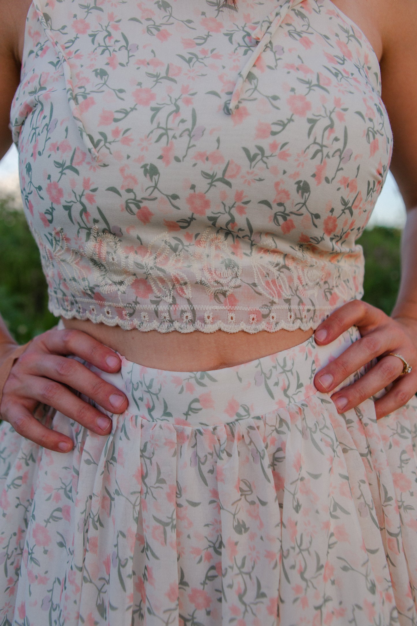 Peach Multi Floral Midi Skirt Set