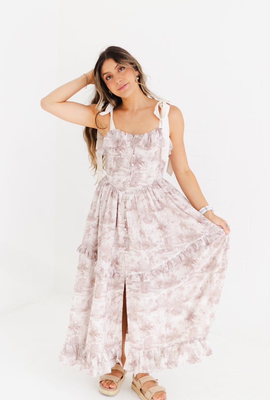 Brown Printed Linen Contrast Shoulder Strap Midi Dress