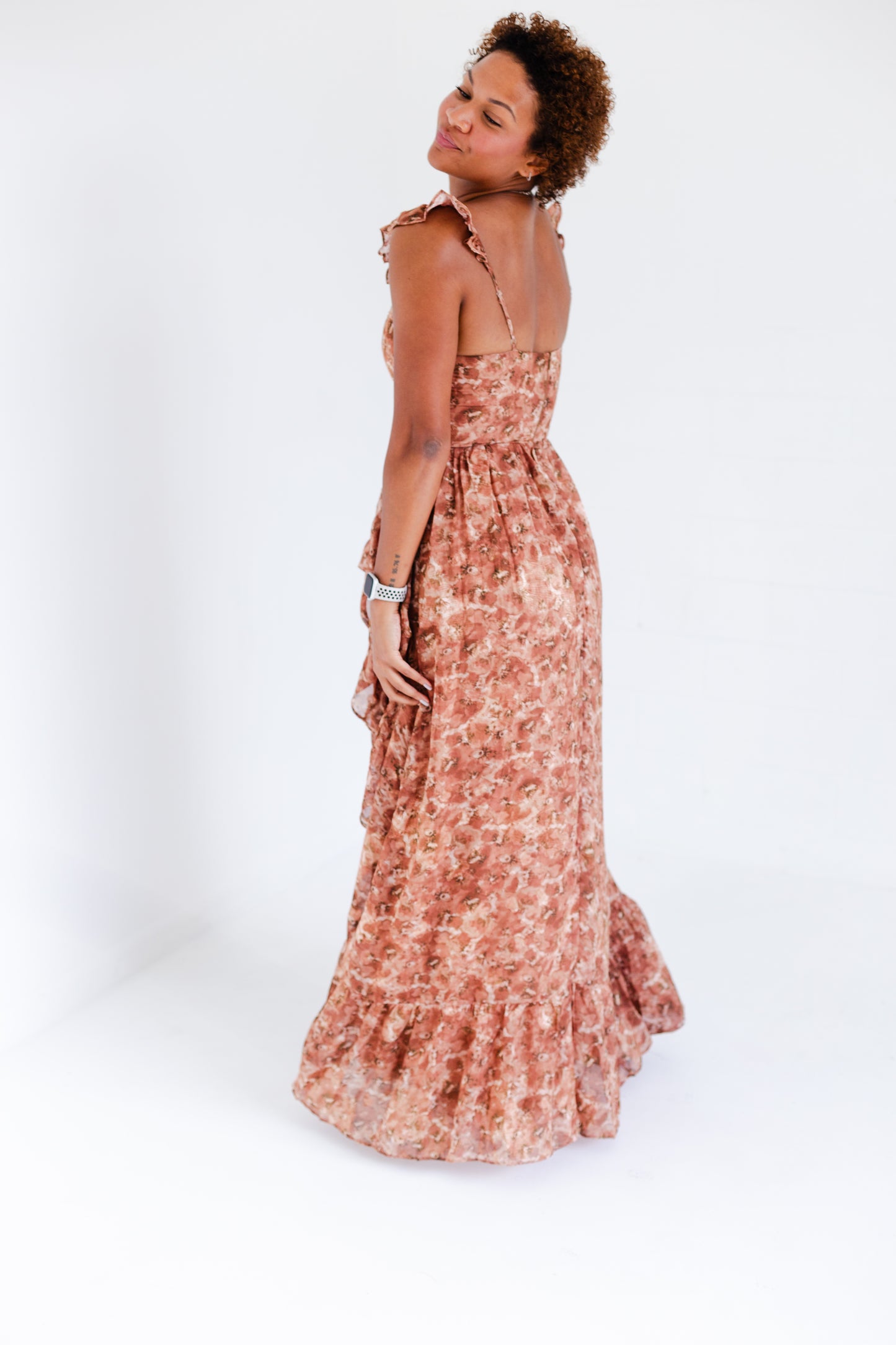 Brown Romantic Floral Print Maxi Dress