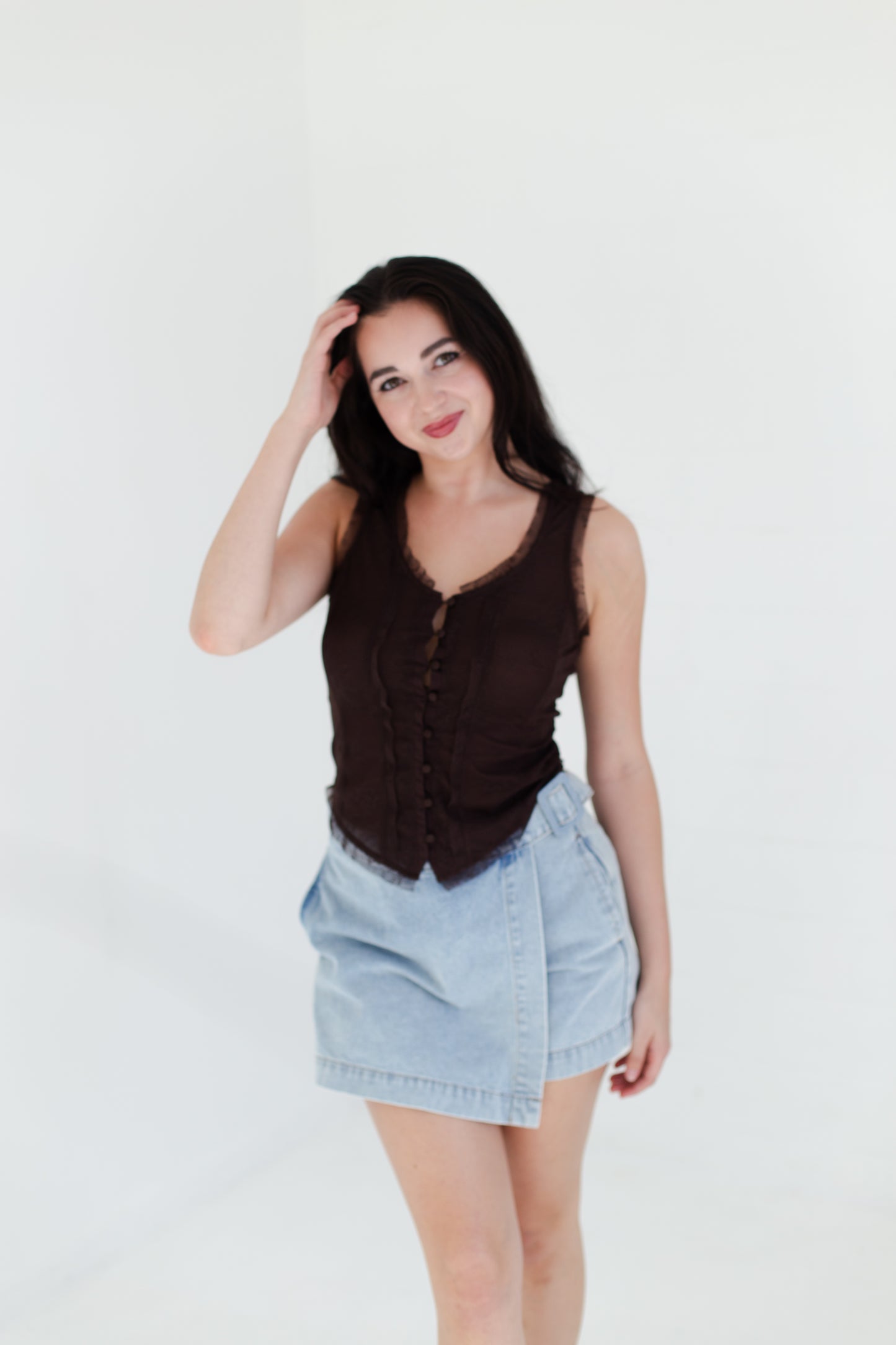 Chocolate Mesh Lace Button Down Sleeveless Top