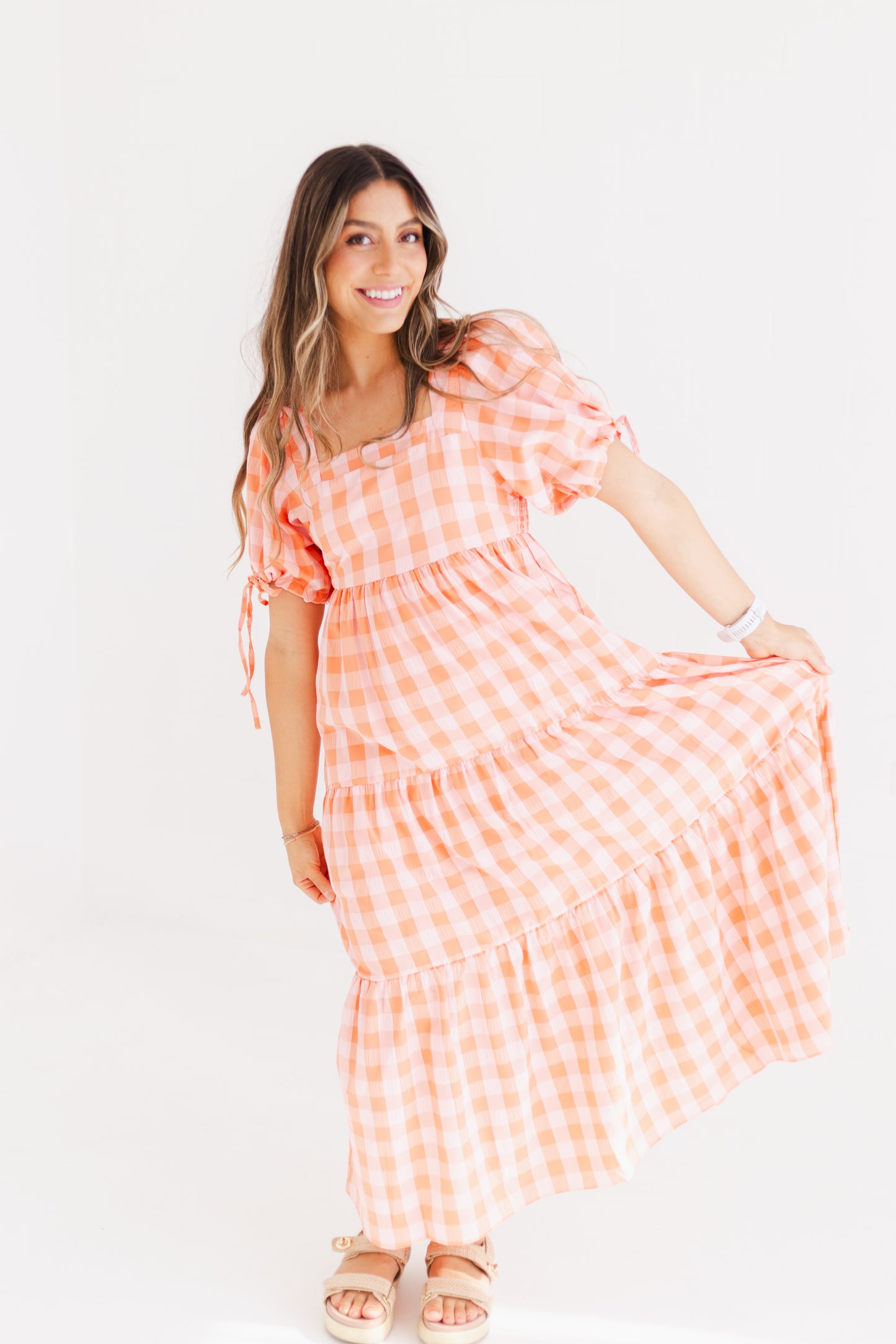 Salmon Check Patterned Puff Sleeve Maxi Dress
