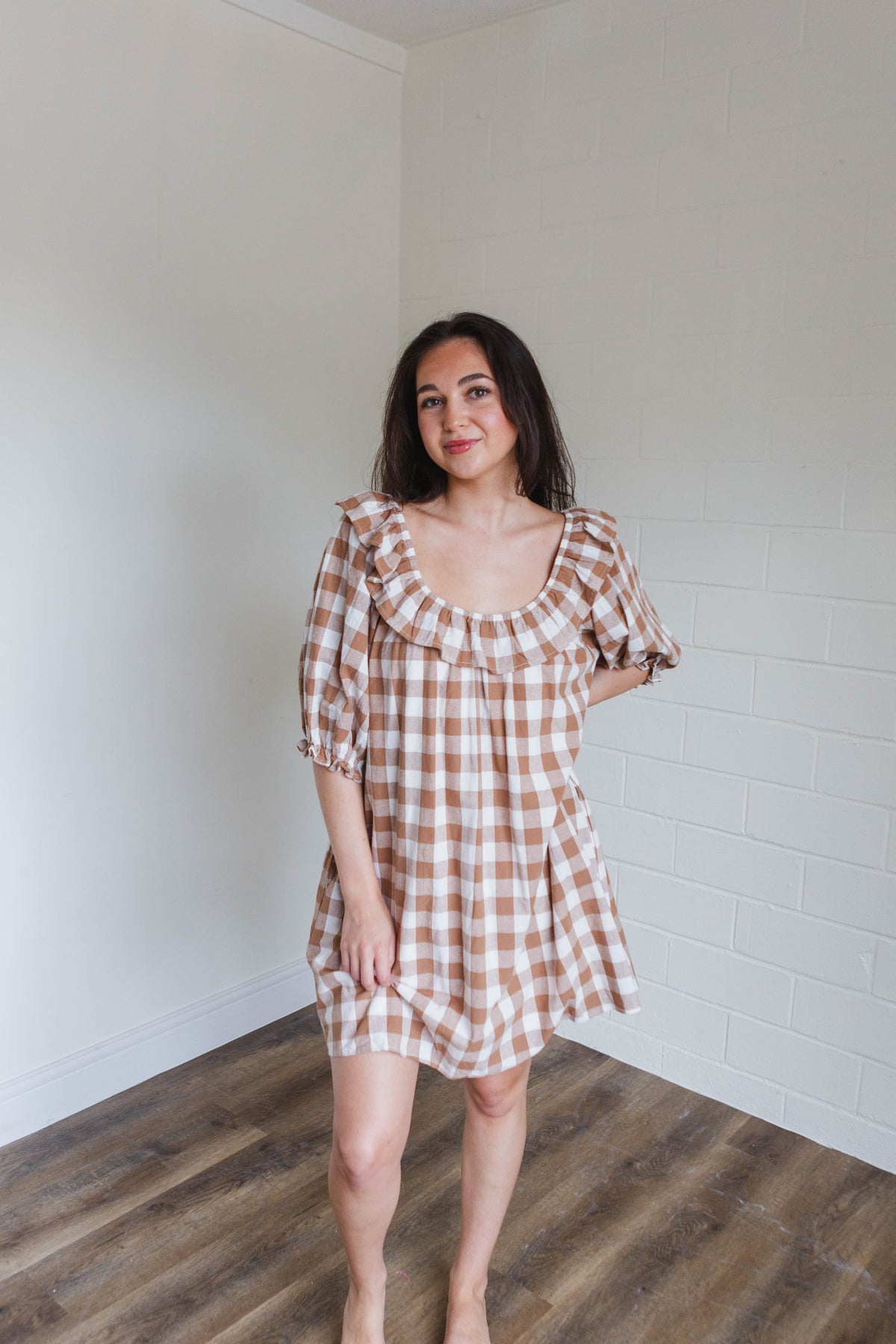 Mocha & White Gingham Ruffled Mini Dress