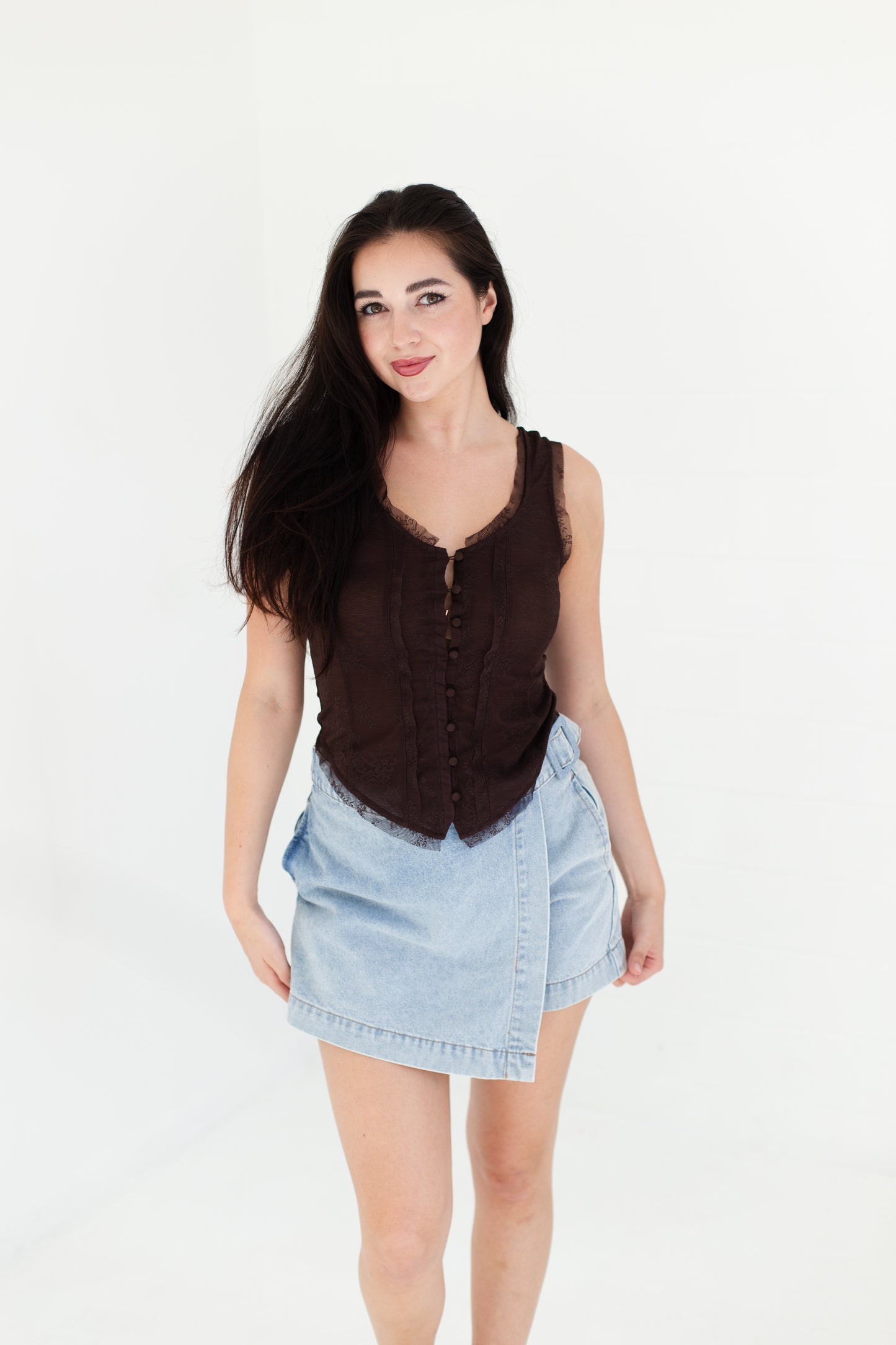 Chocolate Mesh Lace Button Down Sleeveless Top
