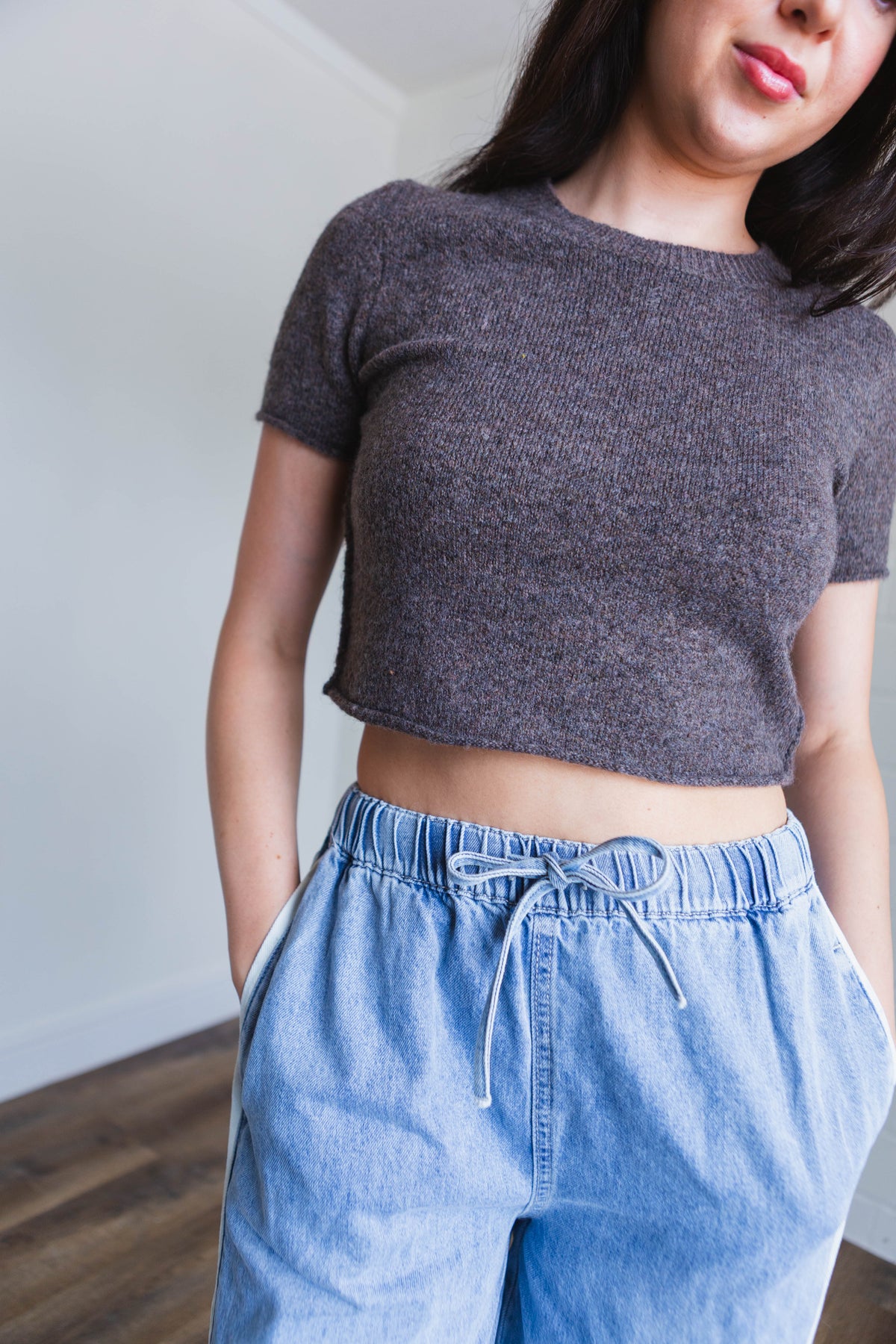 Brown Sweater Short Sleeve Crop Top