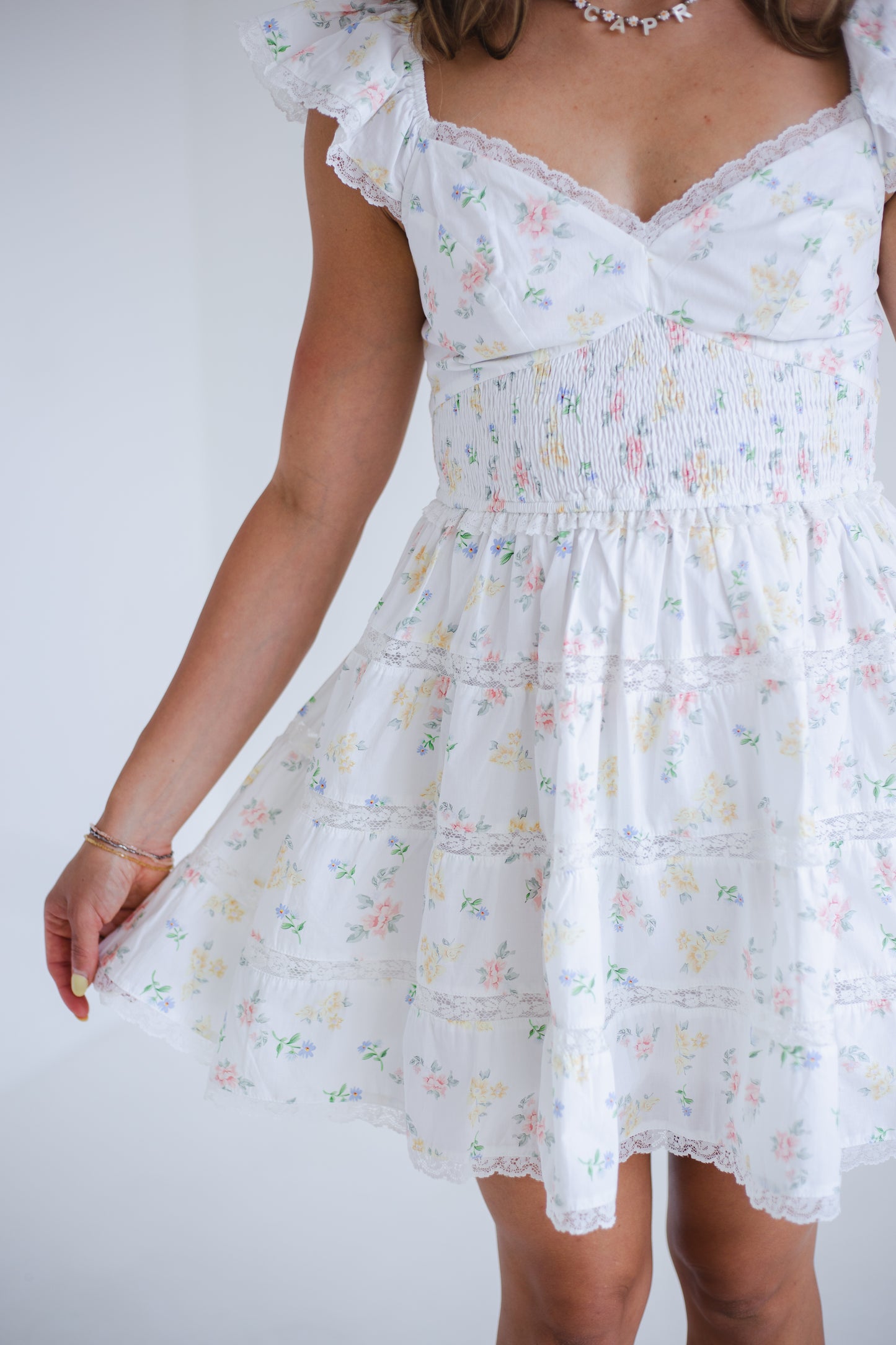 Peach Multi Floral Print Smocked Tiered Mini Dress