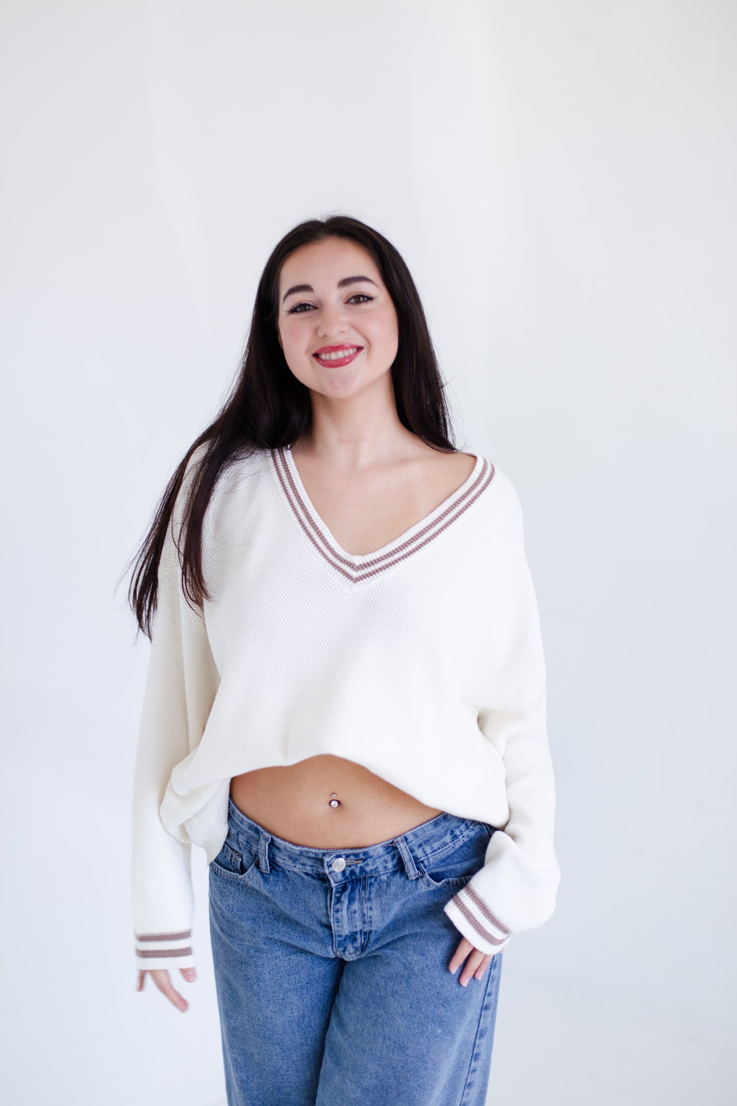 Ivory Court Side V-neck Sweater