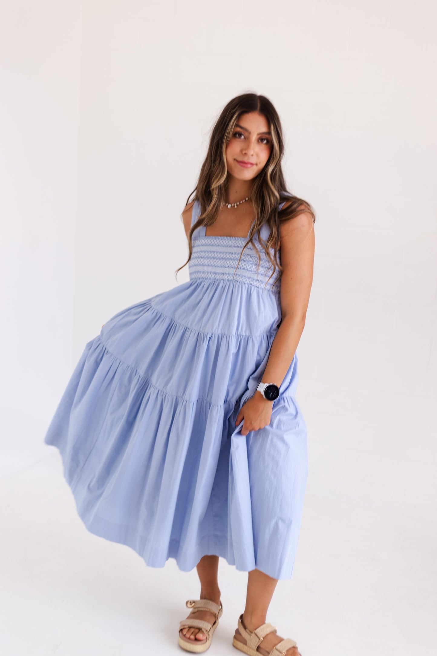 Cloud White Embrodiered Tiered Midi Dress
